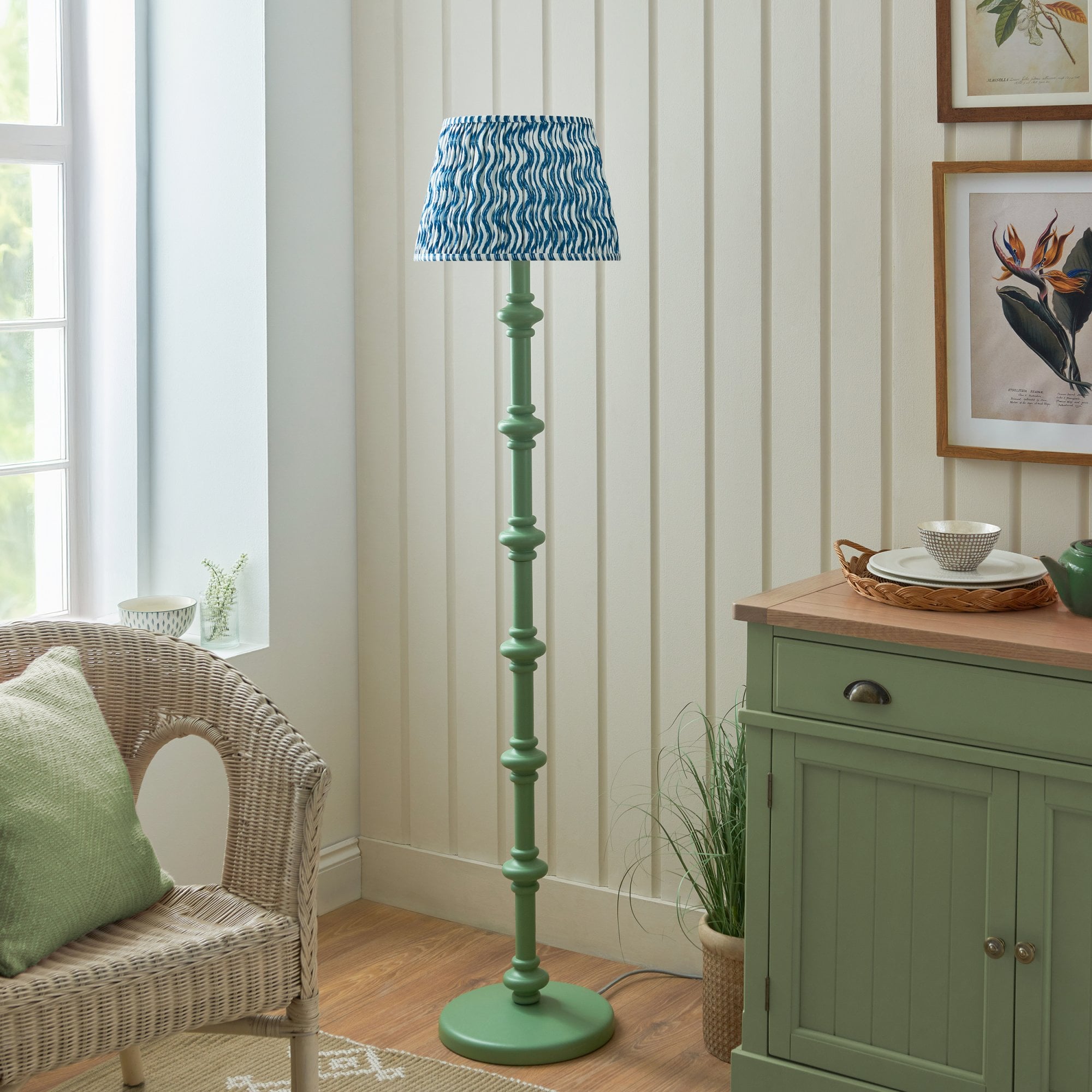 Endon Carnaby Satin Cotswold Green Floor Lamp & Ripple 35cm Marlin Blue Shade