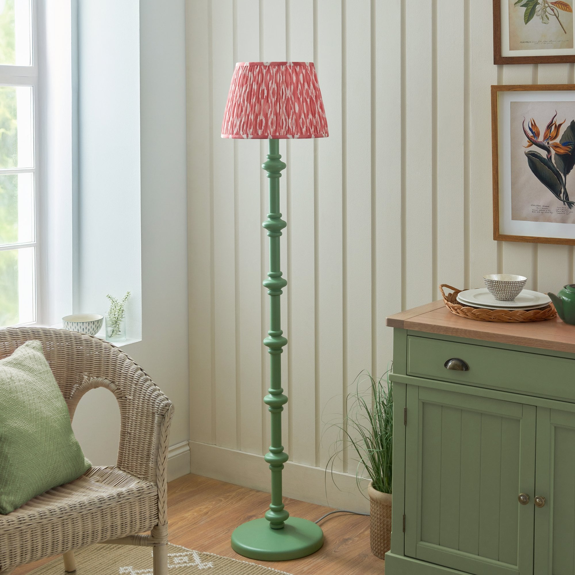 Endon Carnaby Satin Cotswold Green Floor Lamp & Ikat 35cm Coral Pink Shade