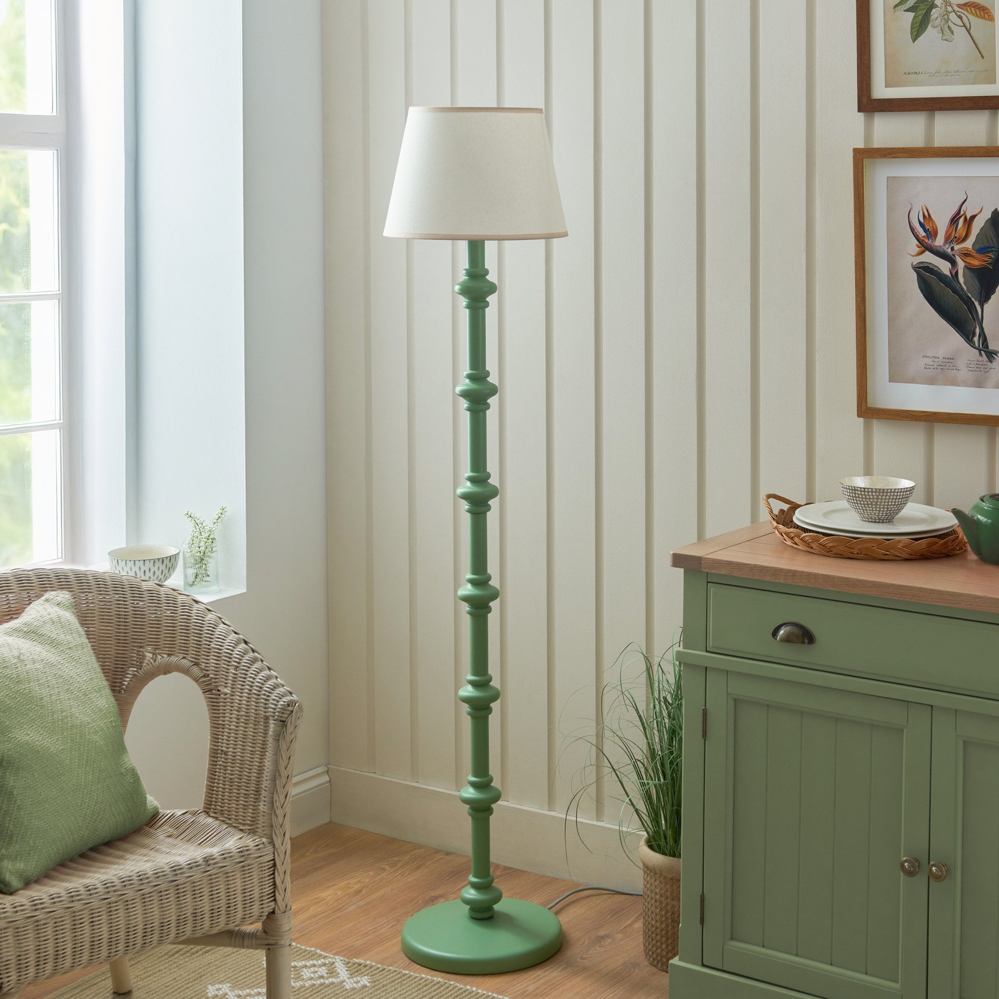 Endon Carnaby Satin Cotswold Green Floor Lamp & Ivy 35cm Vintage White Shade