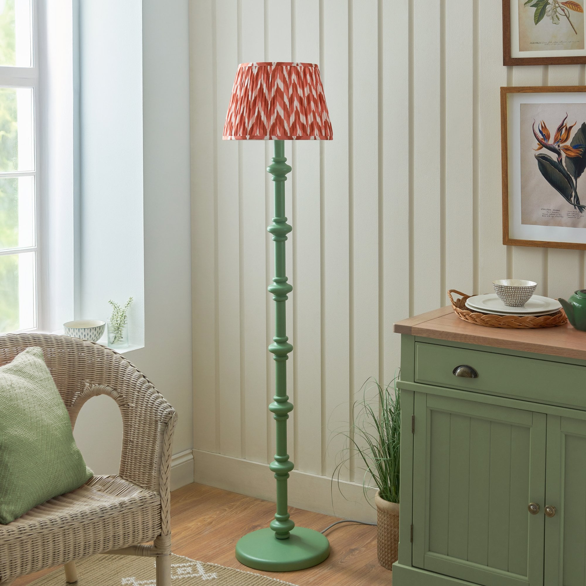 Endon Carnaby Satin Cotswold Green Floor Lamp & Zigzag 35cm Apricot Orange Shade
