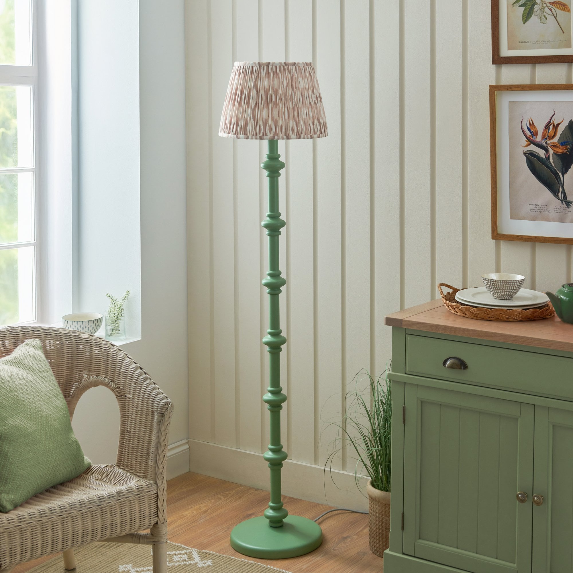 Endon Carnaby Satin Cotswold Green Floor Lamp & Ikat 35cm Neutral Shade