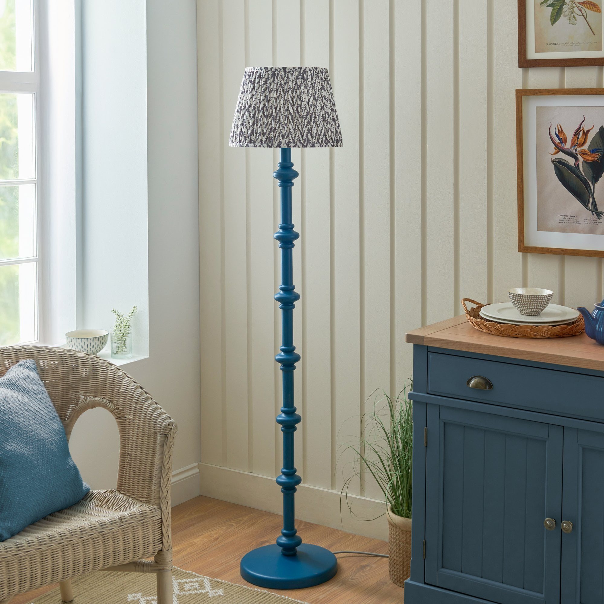 Endon Carnaby Satin Marlin Blue Floor Lamp & Leaf 35cm Pearl Grey Shade