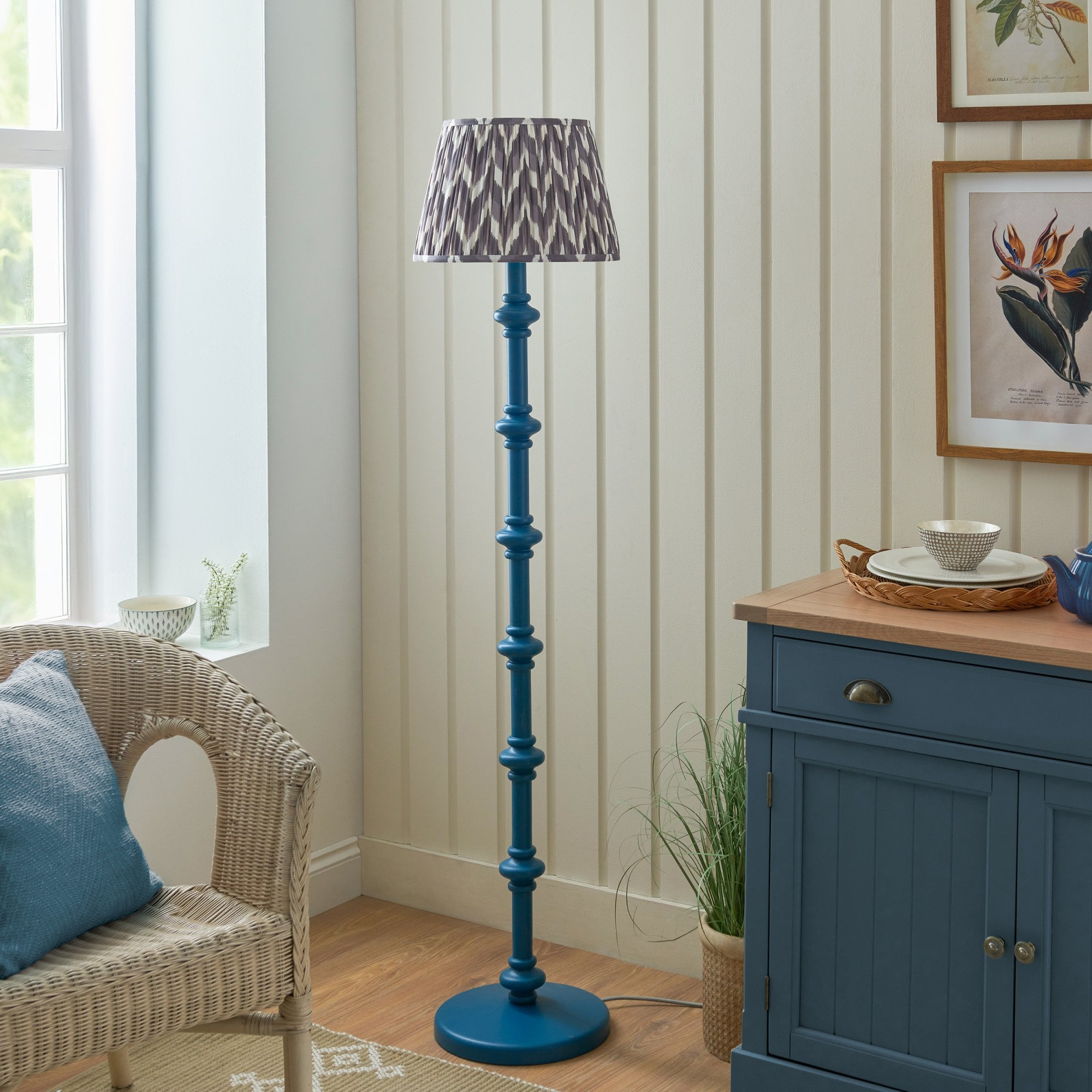 Endon Carnaby Satin Marlin Blue Floor Lamp & Zigzag 35cm Pearl Grey Shade