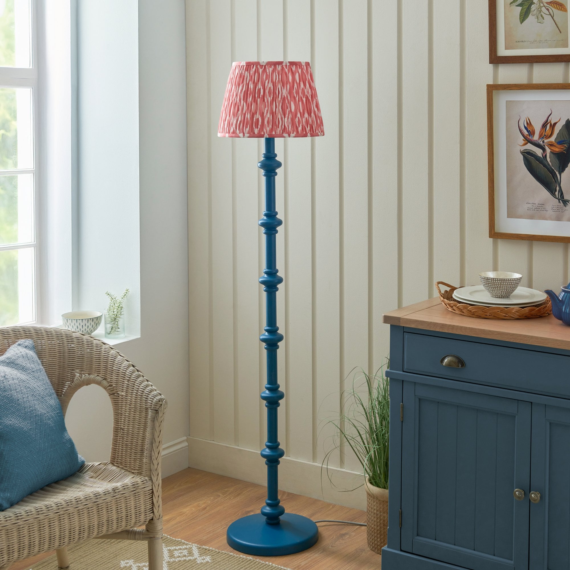 Endon Carnaby Satin Marlin Blue Floor Lamp & Ikat 35cm Coral Pink Shade
