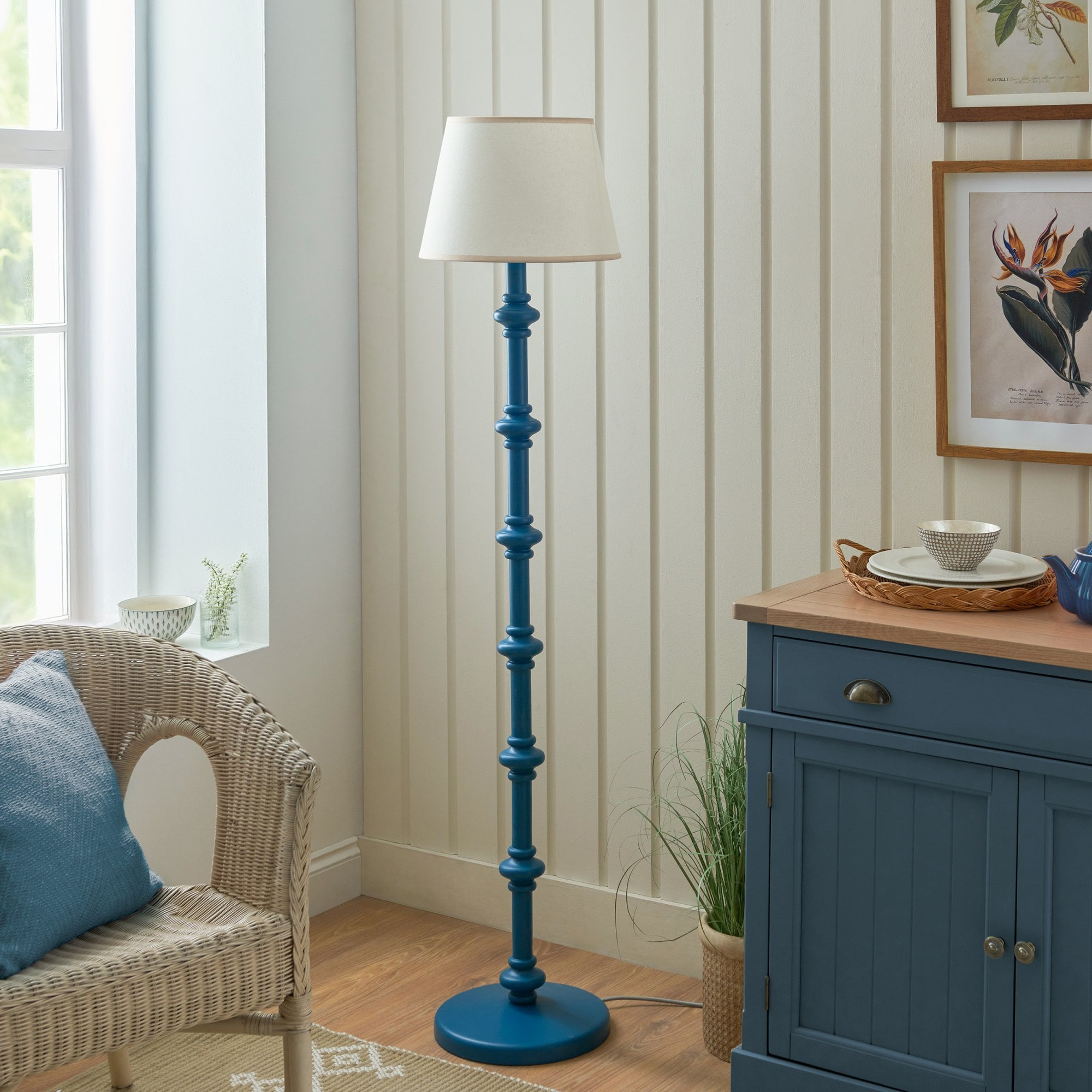 Endon Carnaby Satin Marlin Blue Floor Lamp & Ivy 35cm Vintage White Shade