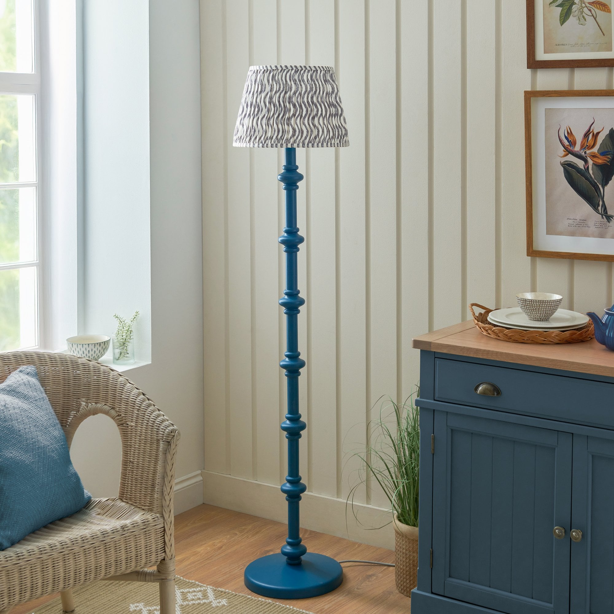 Endon Carnaby Satin Marlin Blue Floor Lamp & Ripple 35cm Pearl Grey Shade