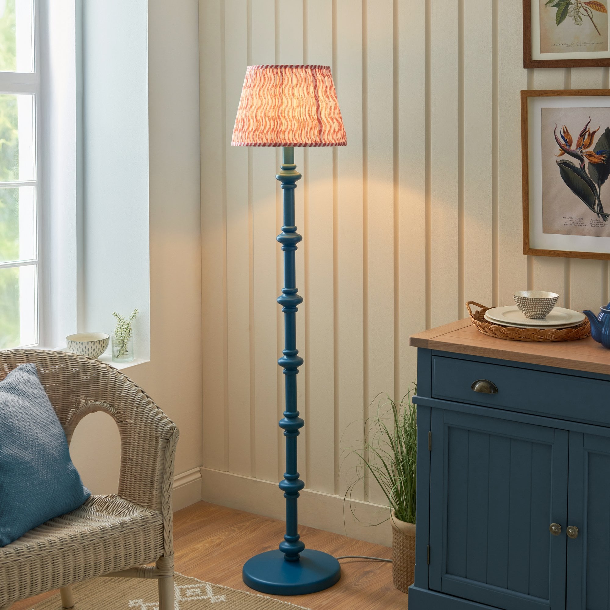 Endon Carnaby Satin Marlin Blue Floor Lamp & Ripple 35cm Coral Pink Shade