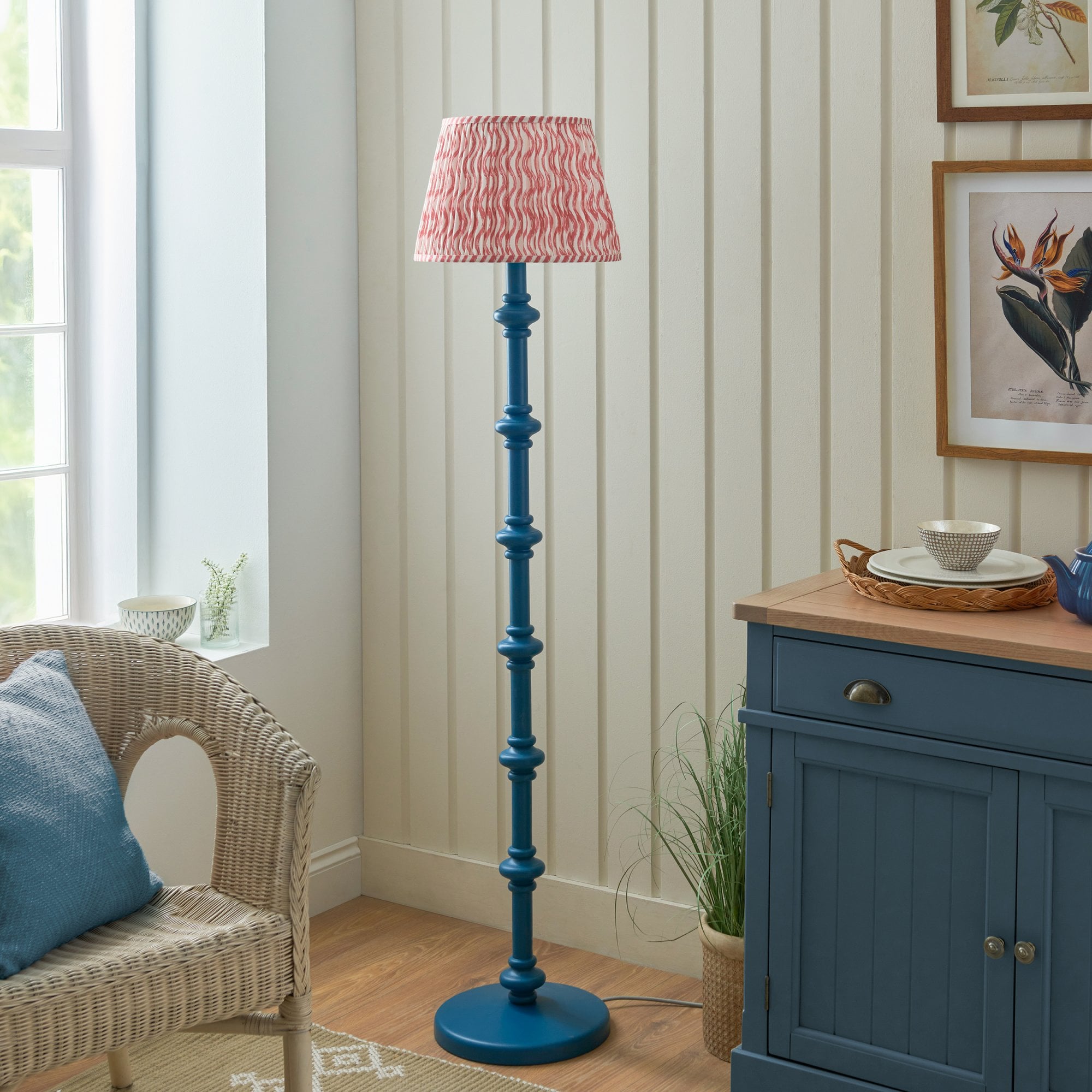 Endon Carnaby Satin Marlin Blue Floor Lamp & Ripple 35cm Coral Pink Shade