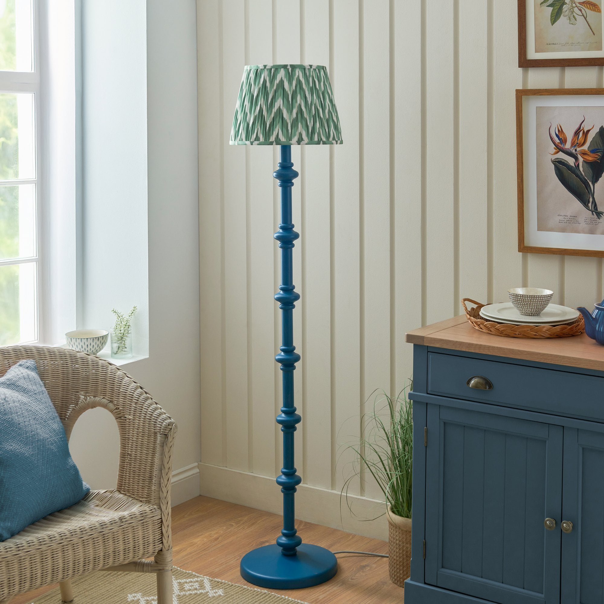 Endon Carnaby Satin Marlin Blue Floor Lamp & Zigzag 35cm Cotswold Green Shade