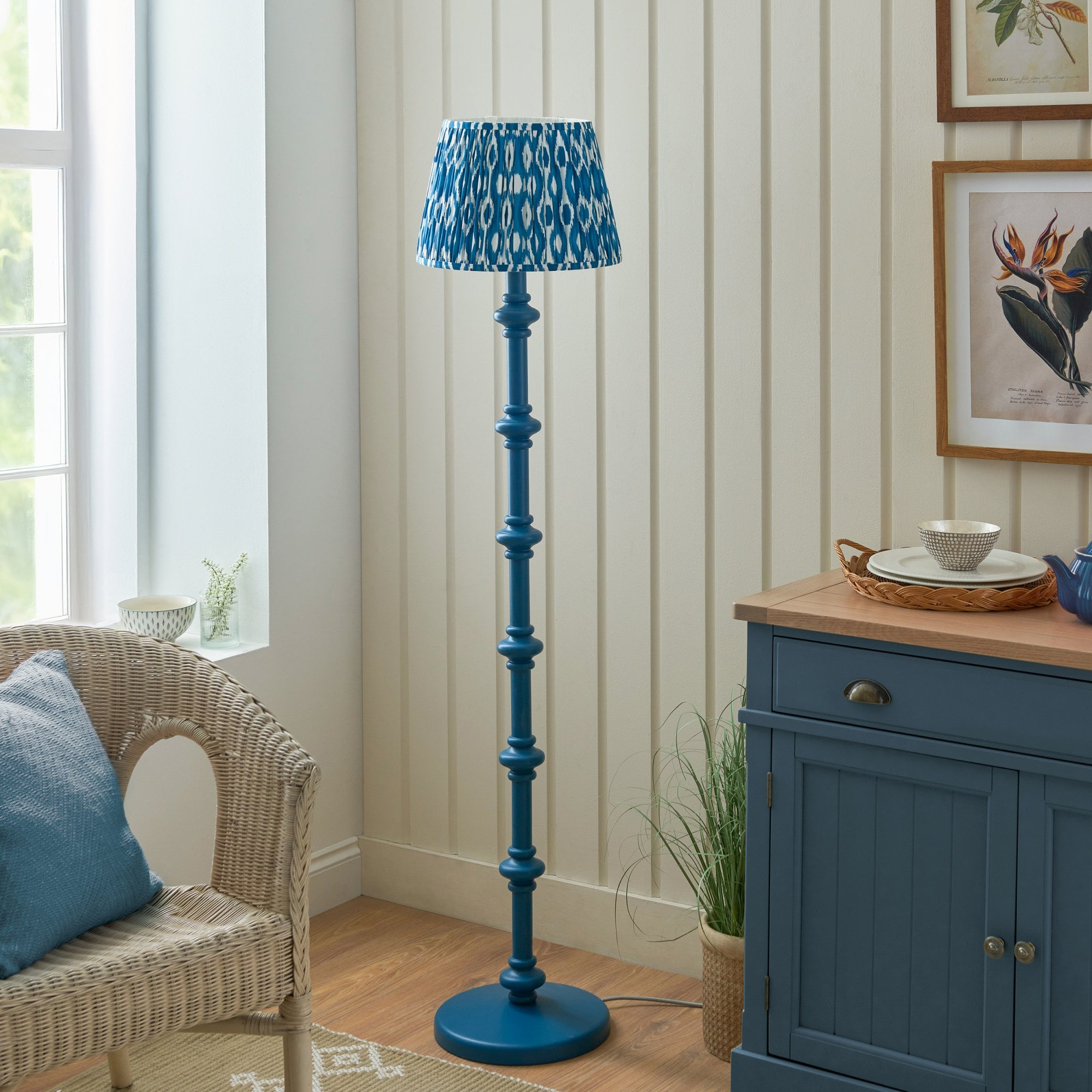 Endon Carnaby Satin Marlin Blue Floor Lamp & Ikat 35cm Marlin Blue Shade