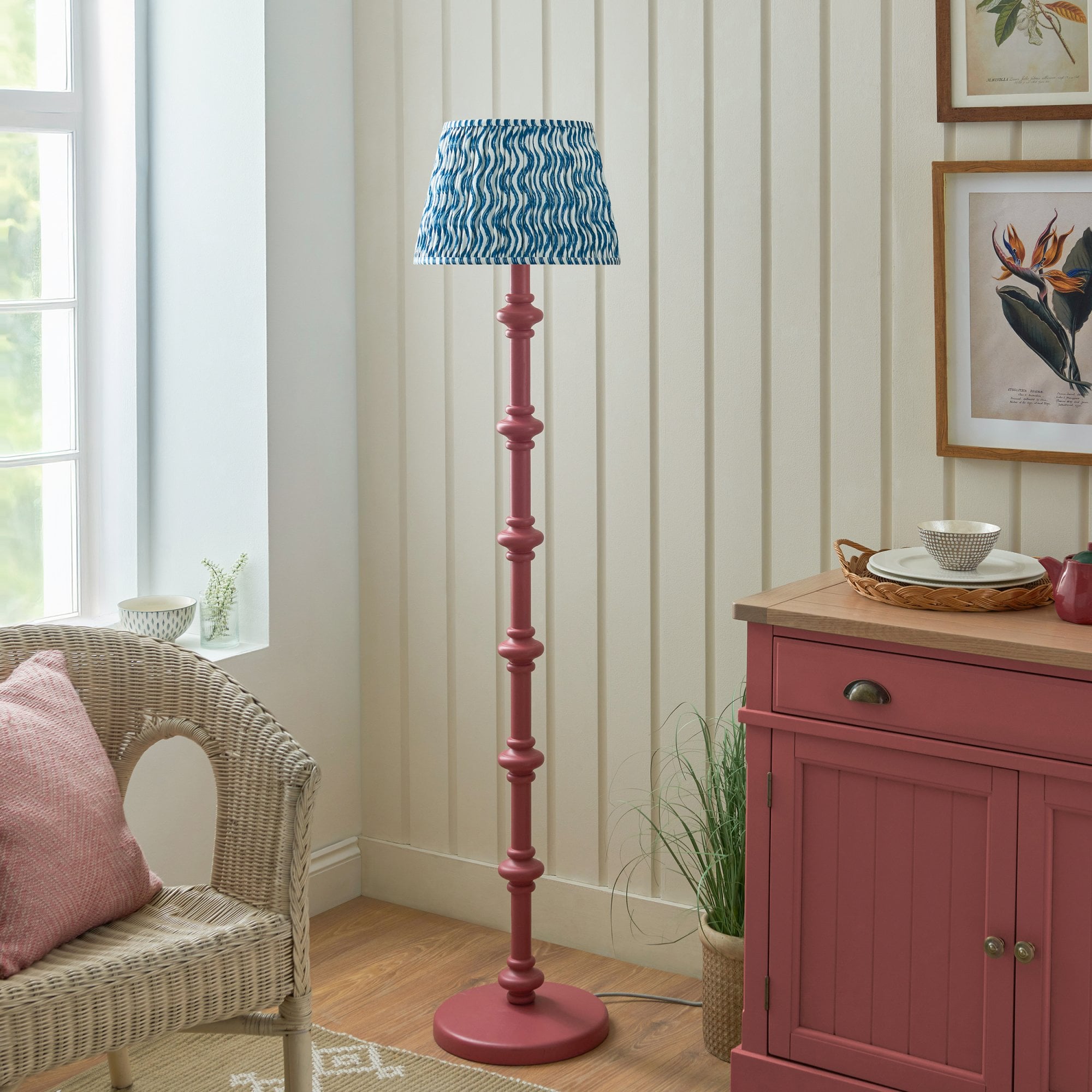 Endon Carnaby Satin Pink Clay Floor Lamp & Ripple 35cm Marlin Blue Shade