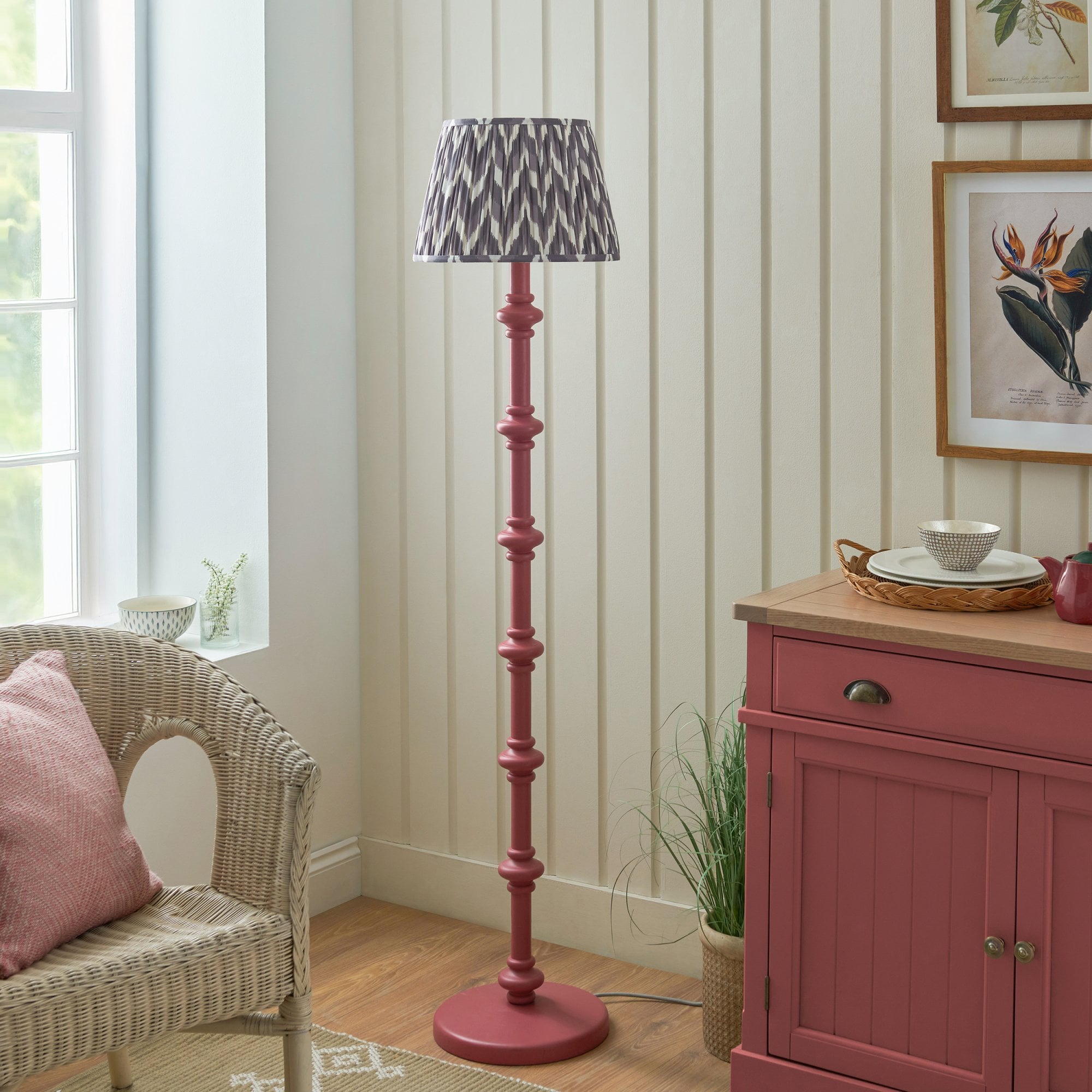 Endon Carnaby Satin Pink Clay Floor Lamp & Zigzag 35cm Pearl Grey Shade