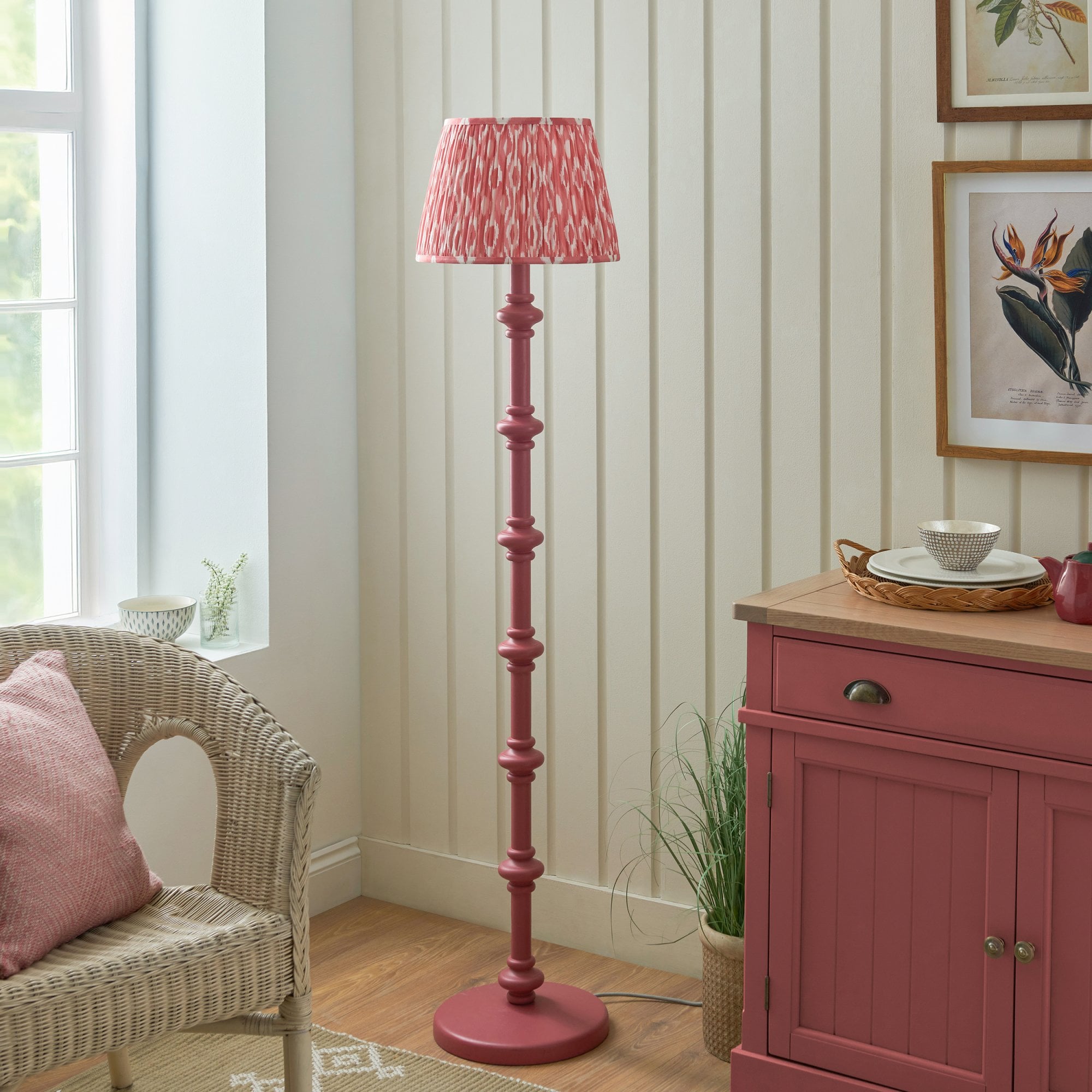 Endon Carnaby Satin Pink Clay Floor Lamp & Ikat 35cm Coral Pink Shade