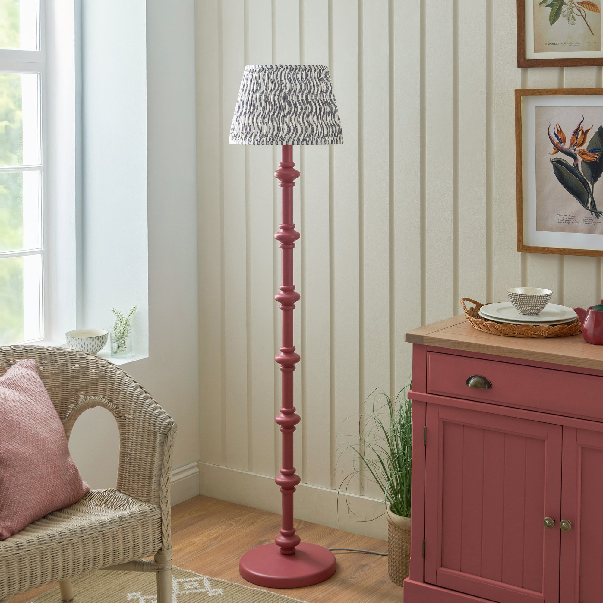 Endon Carnaby Satin Pink Clay Floor Lamp & Ripple 35cm Pearl Grey Shade