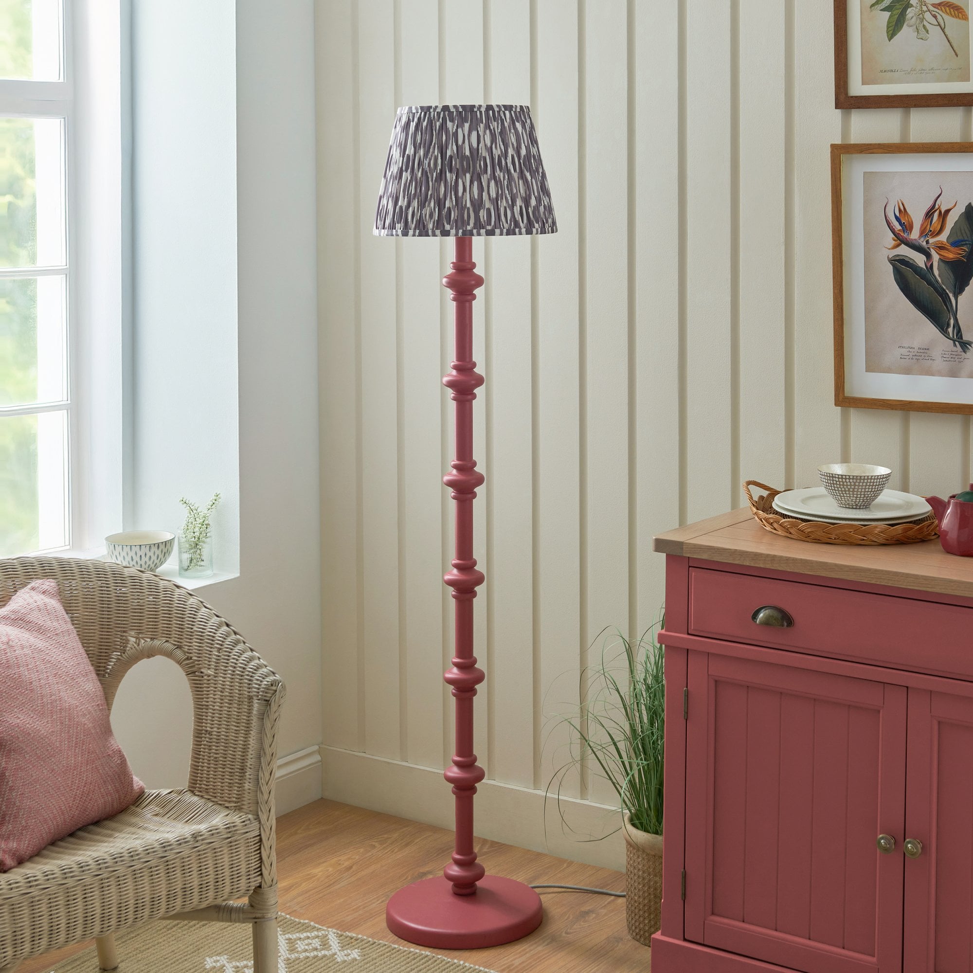 Endon Carnaby Satin Pink Clay Floor Lamp & Ikat 35cm Pearl Grey Shade