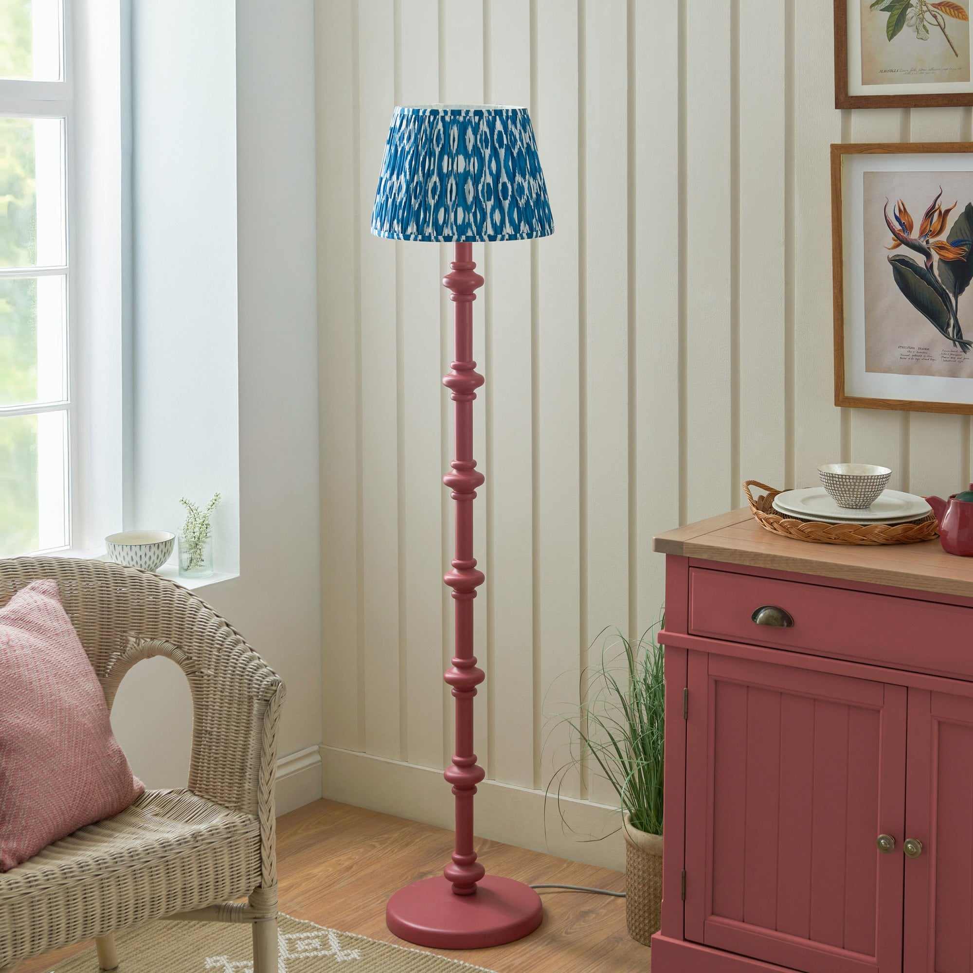 Endon Carnaby Satin Pink Clay Floor Lamp & Ikat 35cm Marlin Blue Shade