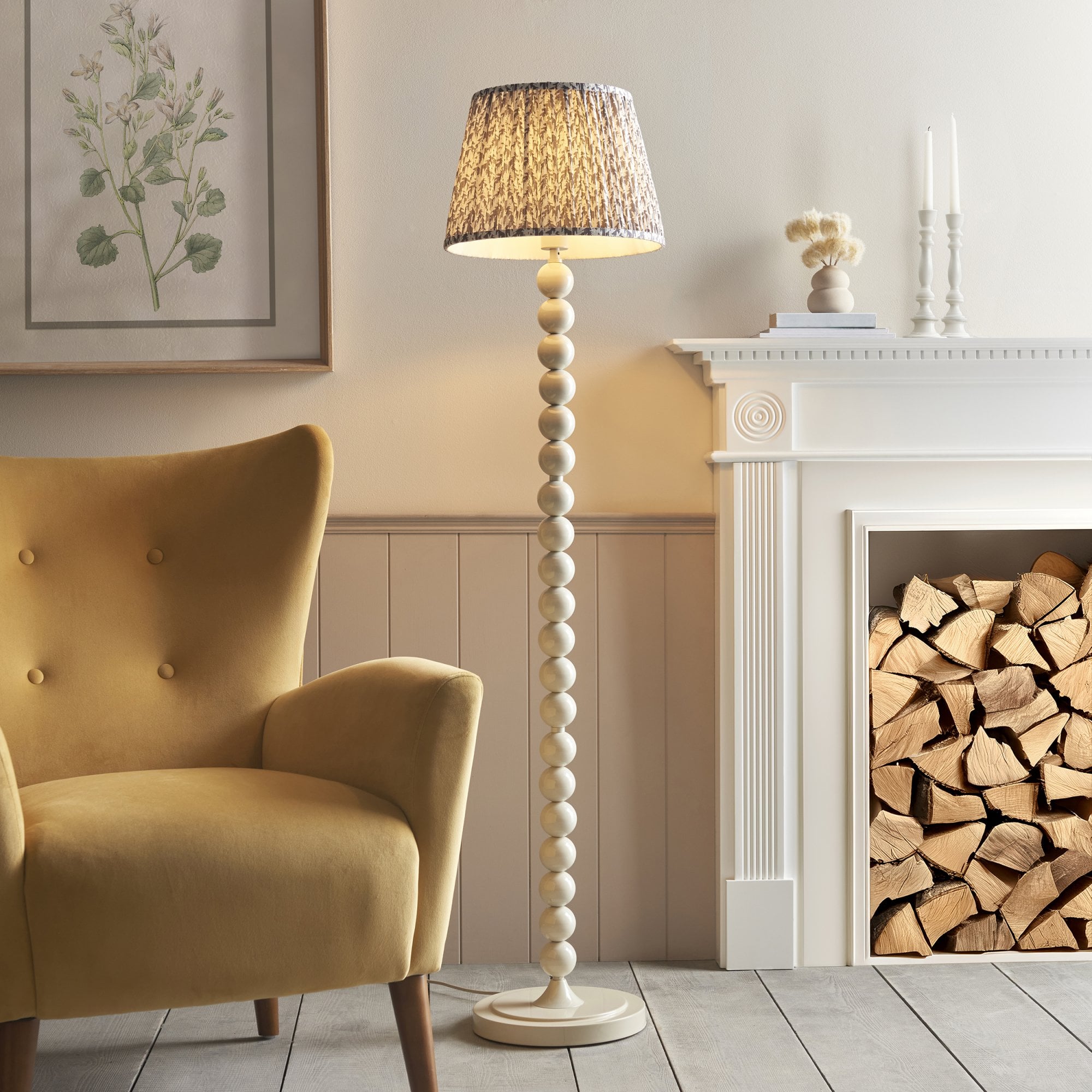 Endon Higgledy Gloss Almond White Floor Lamp & Leaf 35cm Pearl Grey Shade