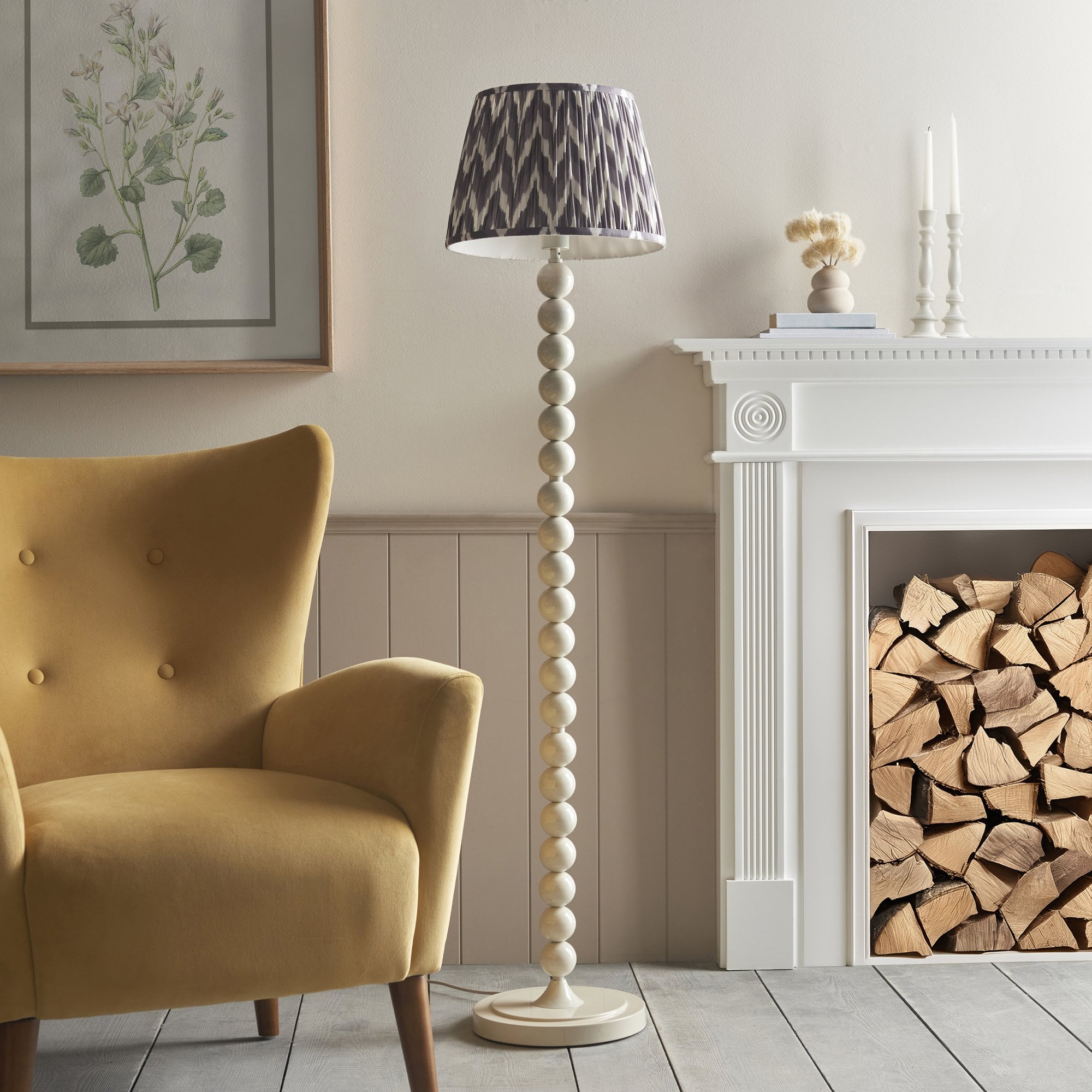 Endon Higgledy Gloss Almond White Floor Lamp & Zigzag 35cm Pearl Grey Shade