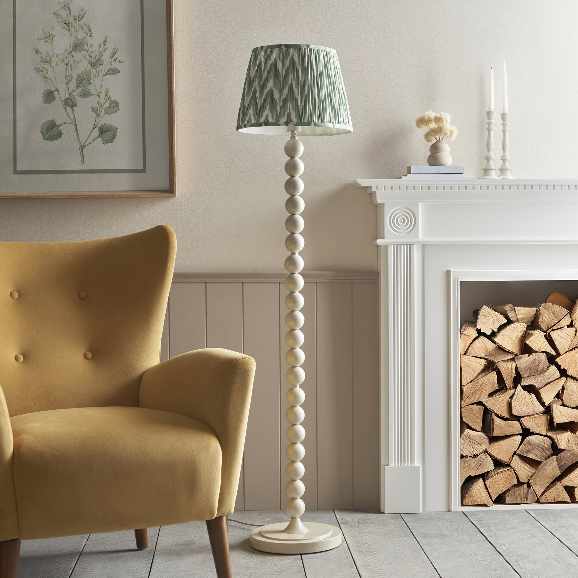 Endon Higgledy Gloss Almond White Floor Lamp & Zigzag 35cm Cotswold Green Shade