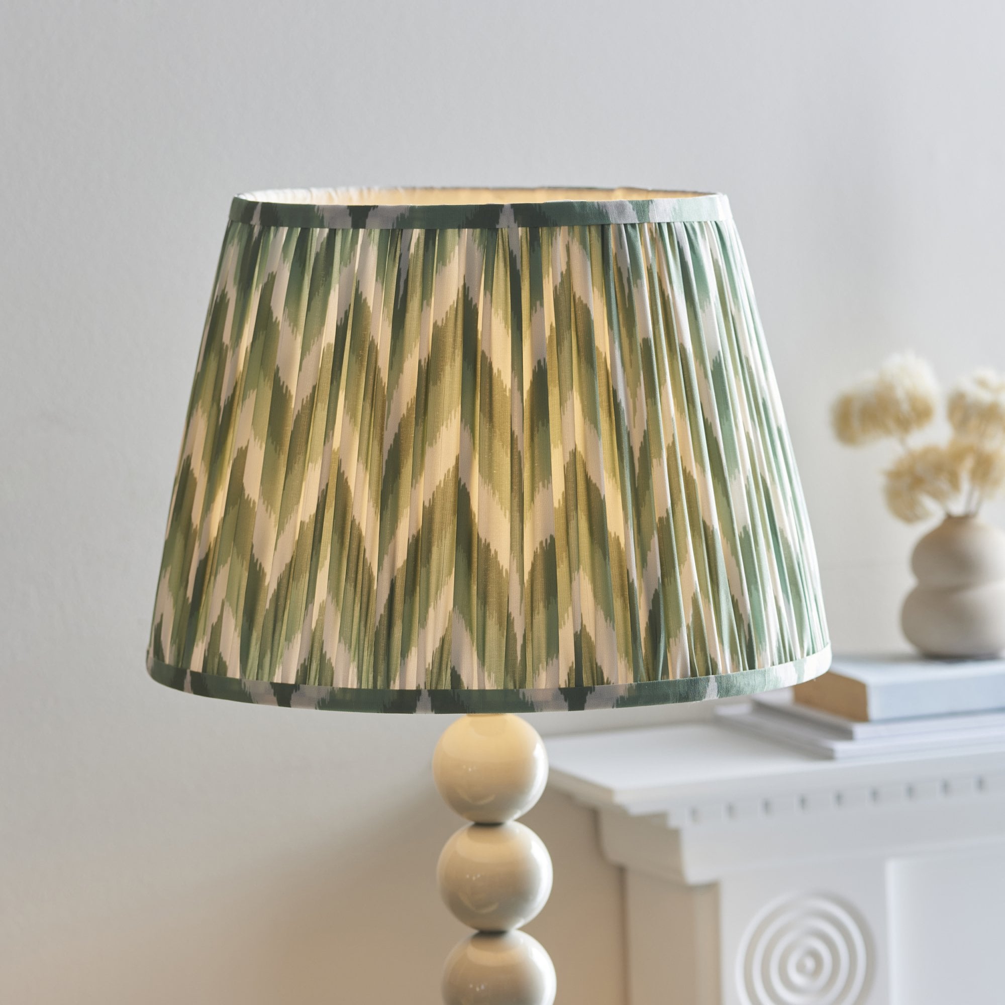 Endon Higgledy Gloss Almond White Floor Lamp & Zigzag 35cm Cotswold Green Shade