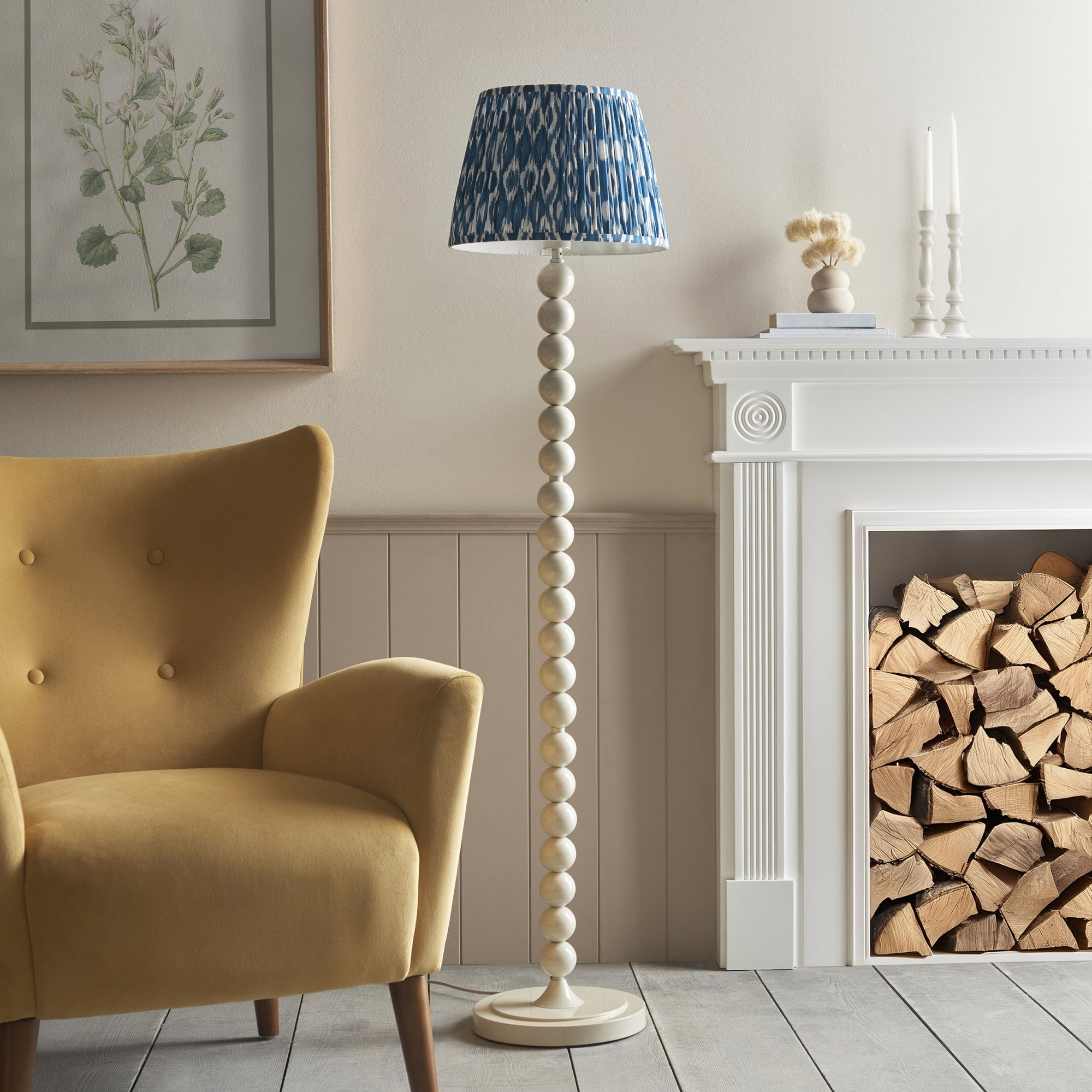 Endon Higgledy Gloss Almond White Floor Lamp & Ikat 35cm Marlin Blue Shade