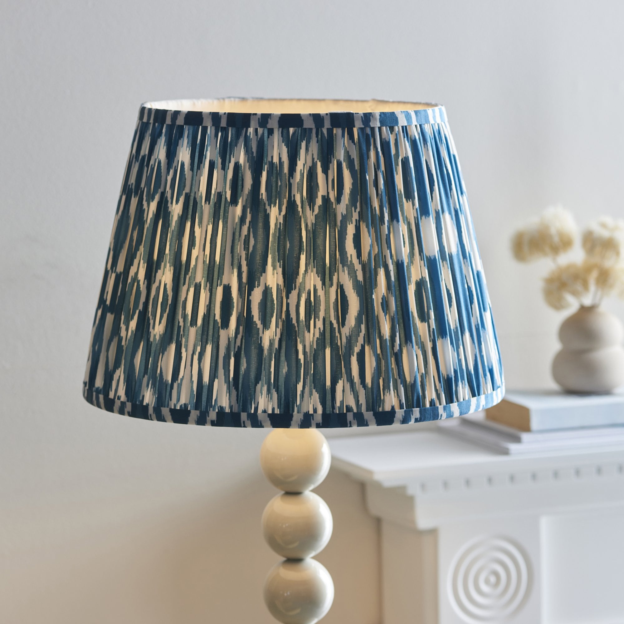 Endon Higgledy Gloss Almond White Floor Lamp & Ikat 35cm Marlin Blue Shade