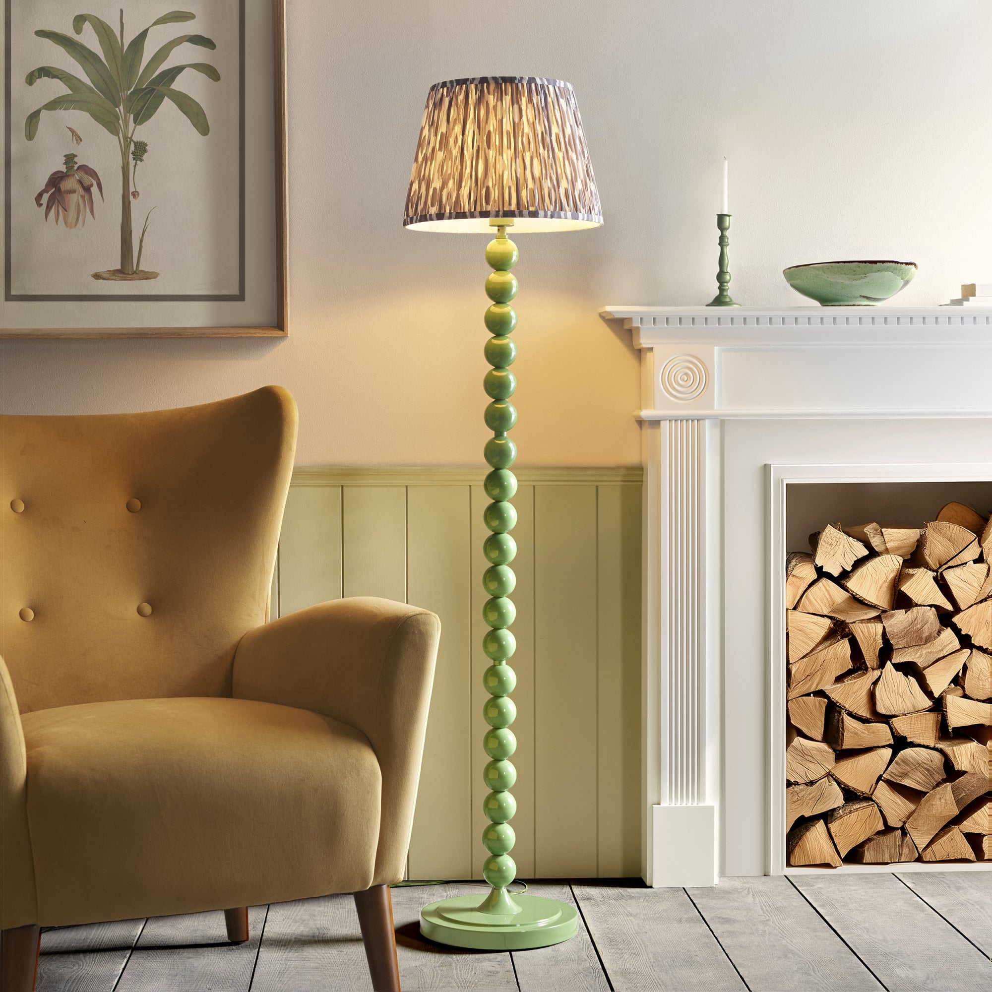 Endon Higgledy Gloss Cotswold Green Floor Lamp & Ikat 35cm Pearl Grey Shade