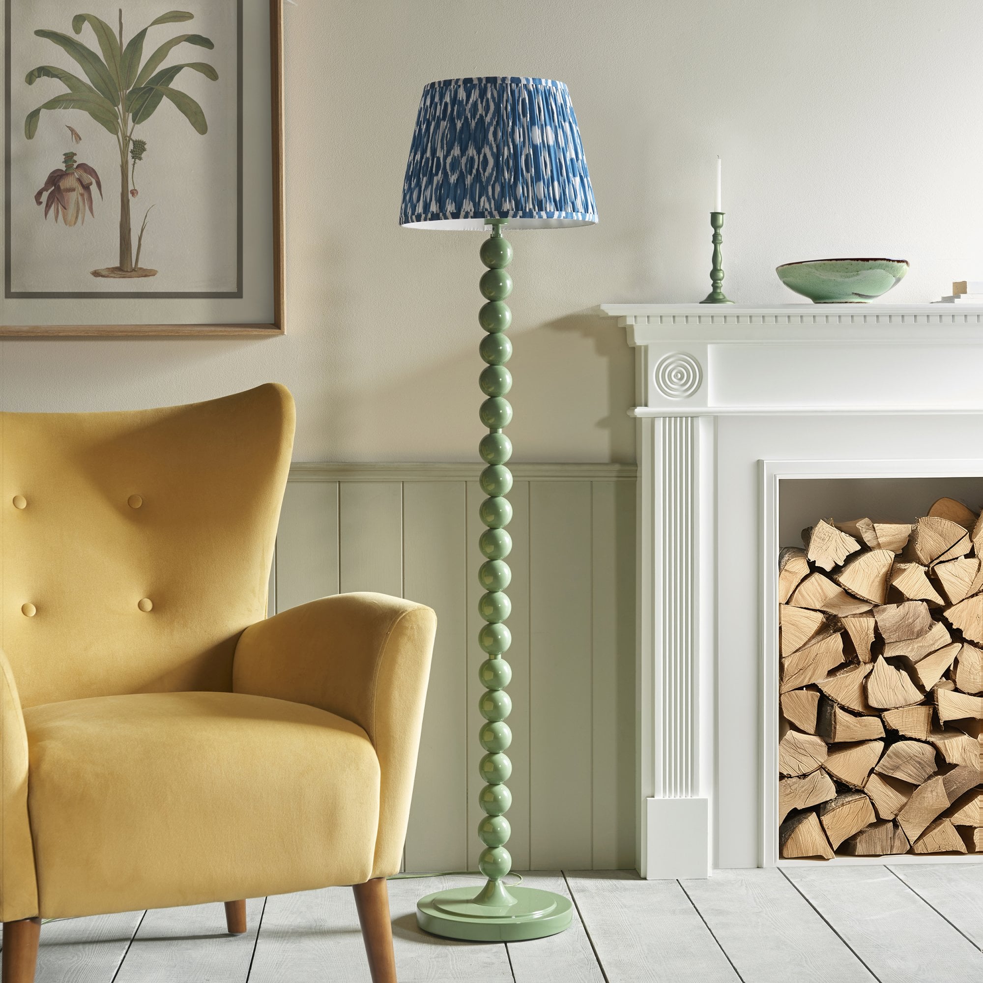 Endon Higgledy Gloss Cotswold Green Floor Lamp & Ikat 35cm Marlin Blue Shade