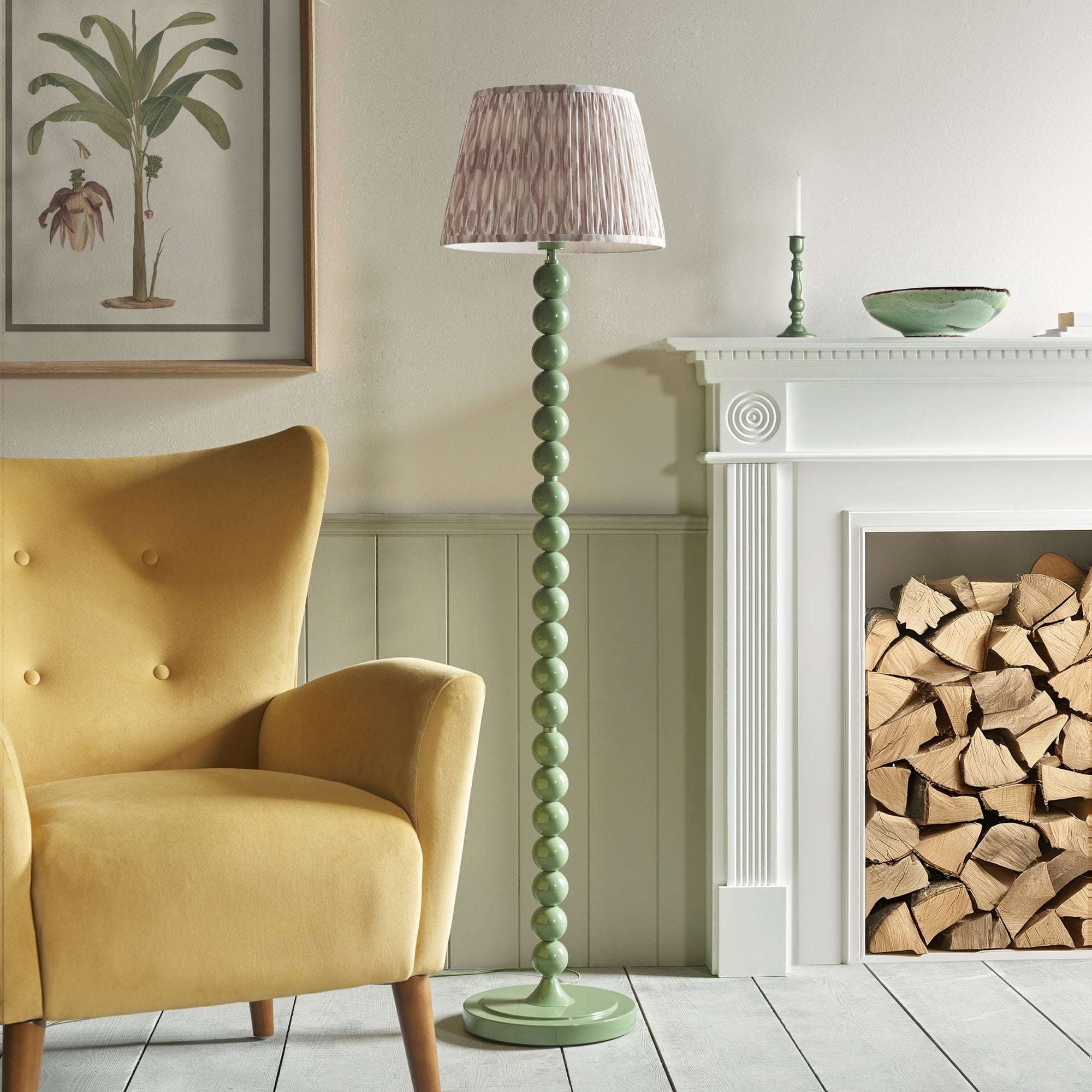 Endon Higgledy Gloss Cotswold Green Floor Lamp & Ikat 35cm Neutral Shade