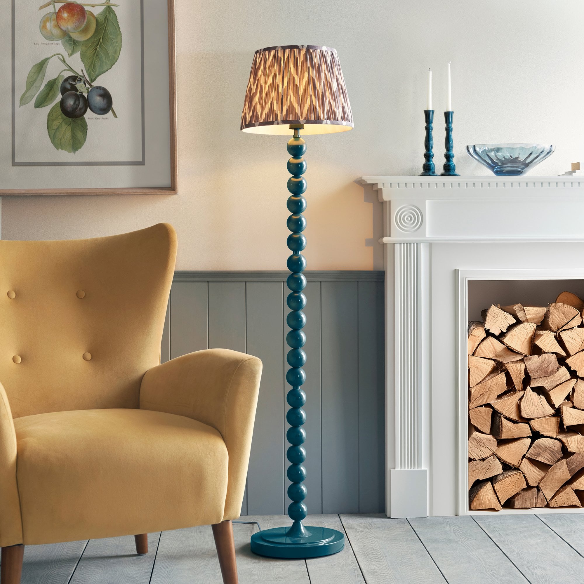 Endon Higgledy Gloss Marlin Blue Floor Lamp & Zigzag 35cm Pearl Grey Shade