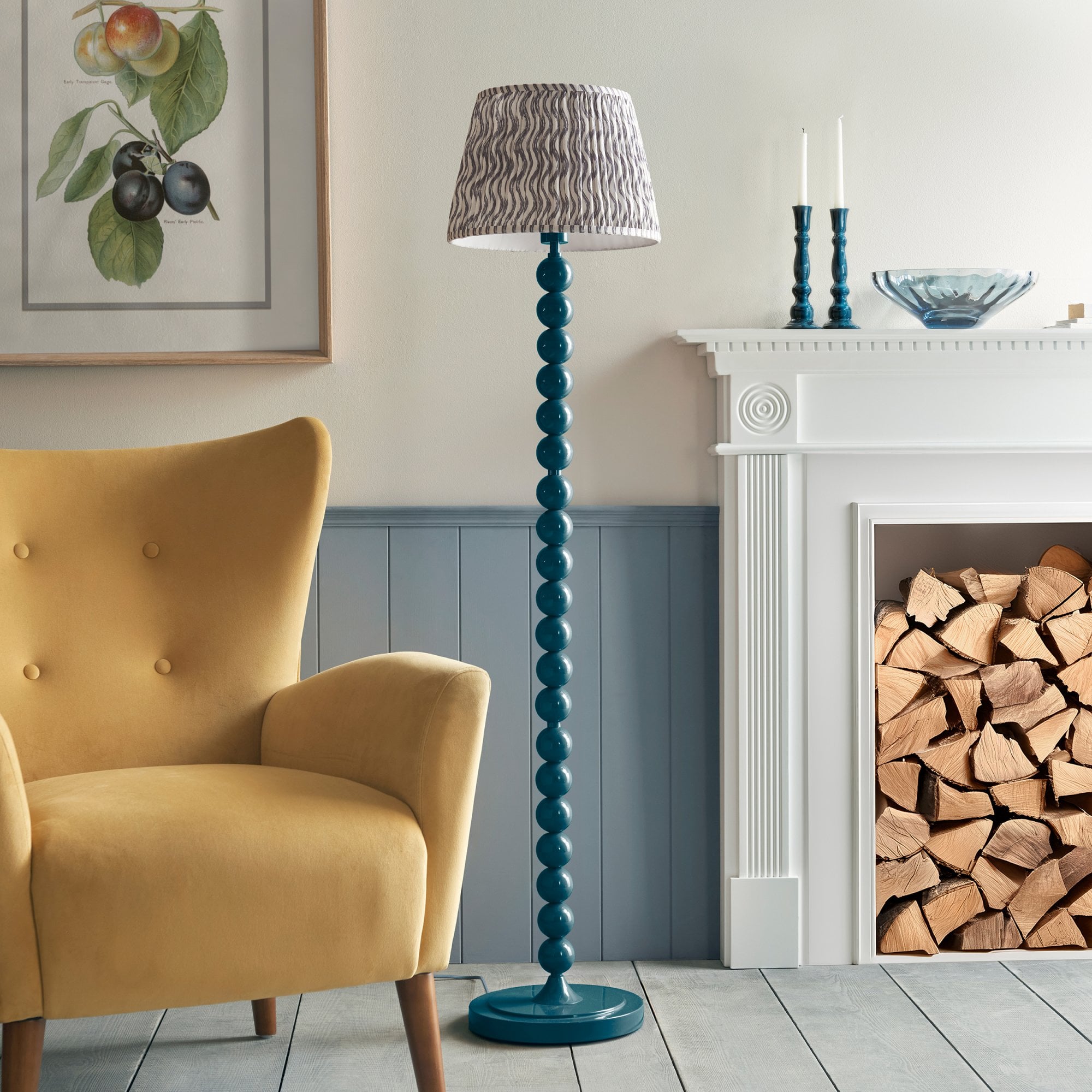 Endon Higgledy Gloss Marlin Blue Floor Lamp & Ripple 35cm Pearl Grey Shade