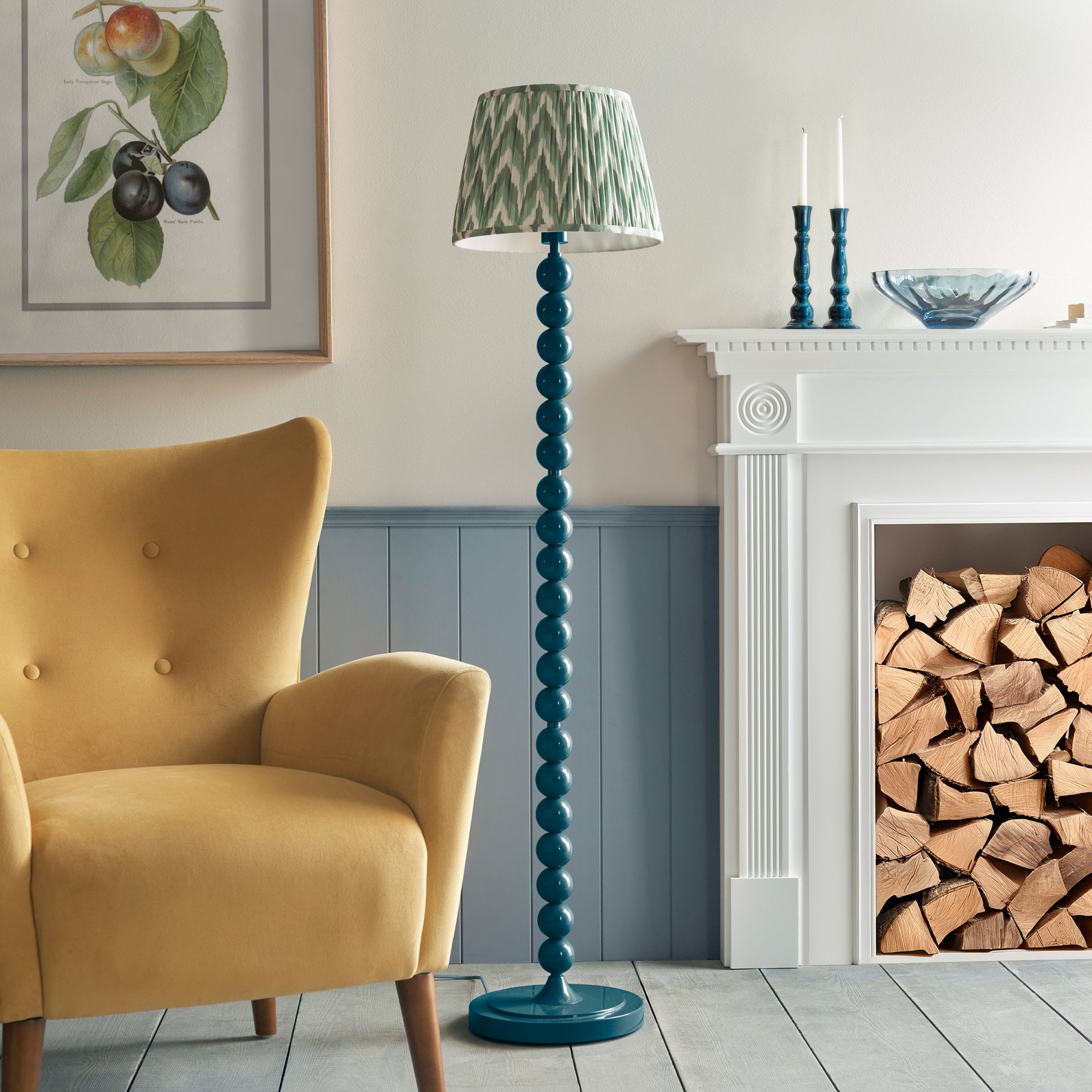 Endon Higgledy Gloss Marlin Blue Floor Lamp & Zigzag 35cm Cotswold Green Shade