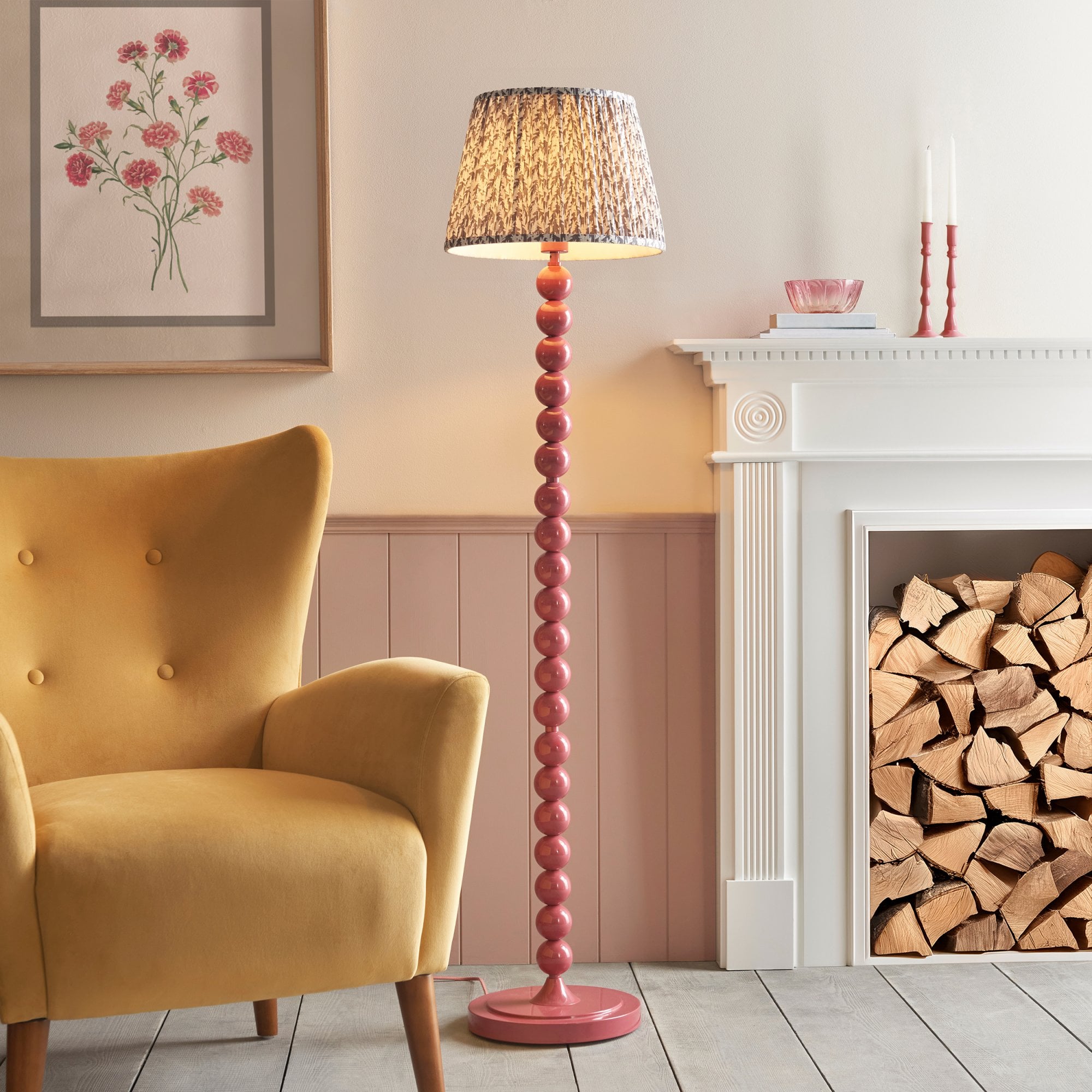 Endon Higgledy Gloss Pink Clay Floor Lamp & Leaf 35cm Pearl Grey Shade