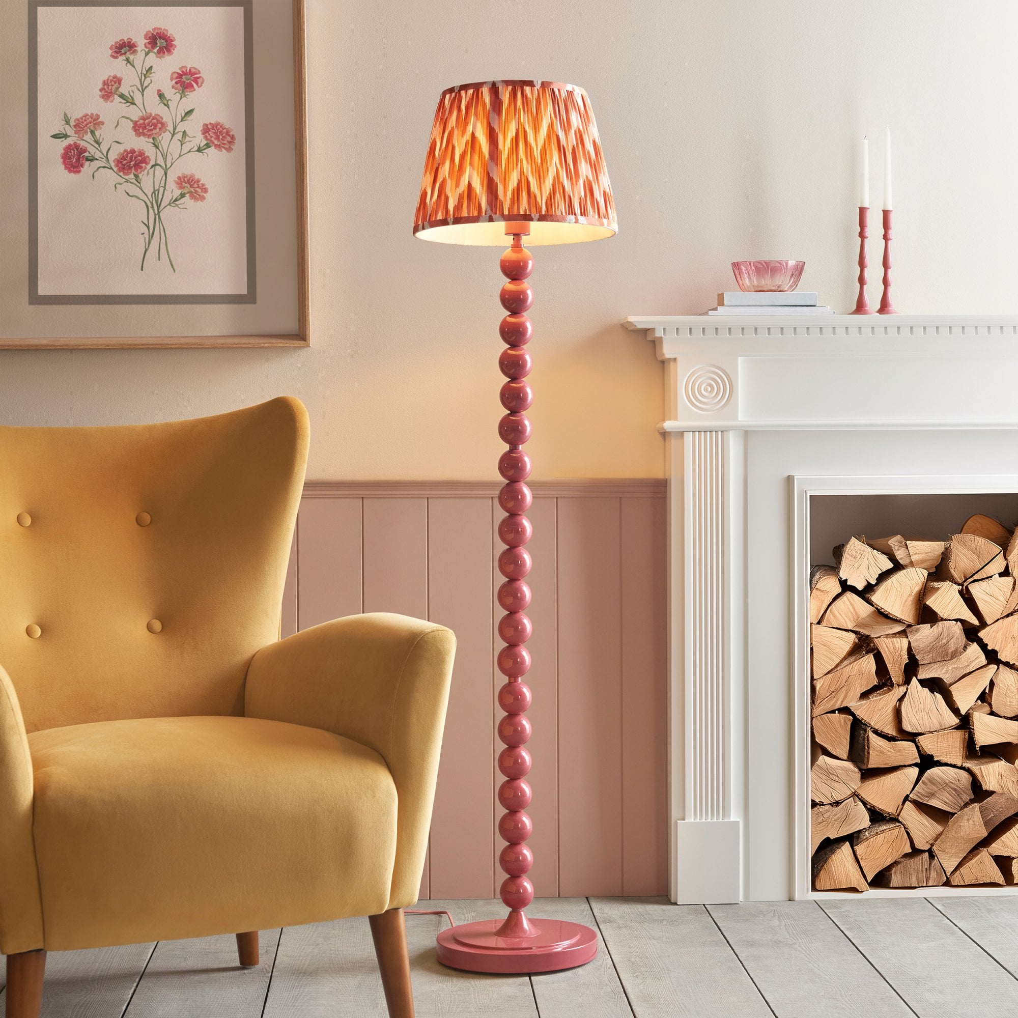 Endon Higgledy Gloss Pink Clay Floor Lamp & Zigzag 35cm Apricot Orange Shade