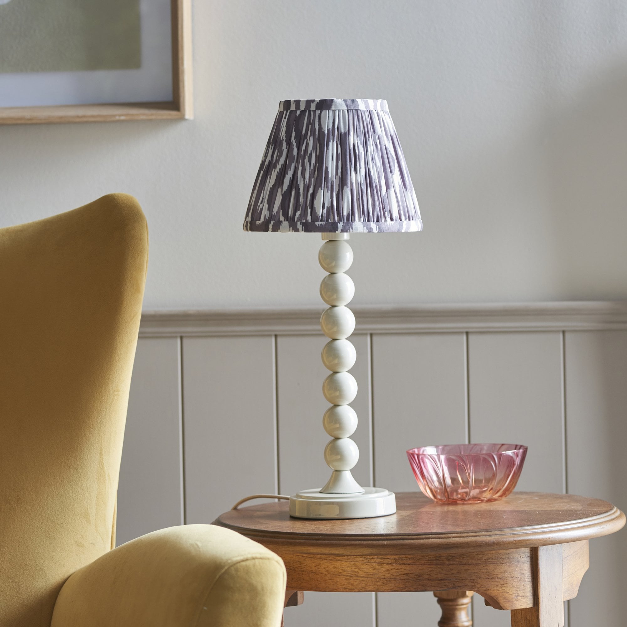 Endon Higgledy Gloss Almond White Table Lamp & Ikat 20cm Pearl Grey Shade
