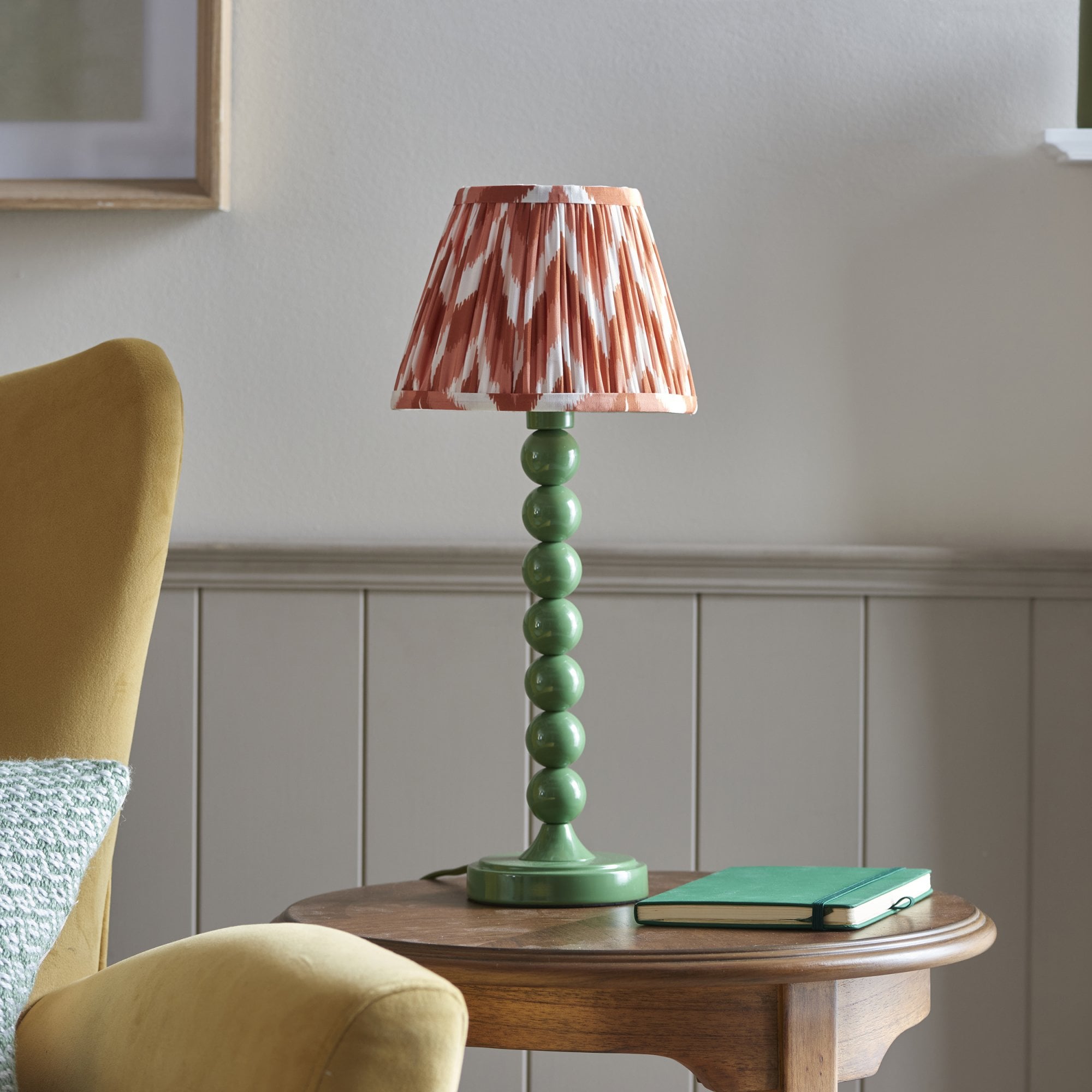 Endon Higgledy Gloss Cotswold Green Table Lamp & Zigzag 20cm Apricot Orange Shade