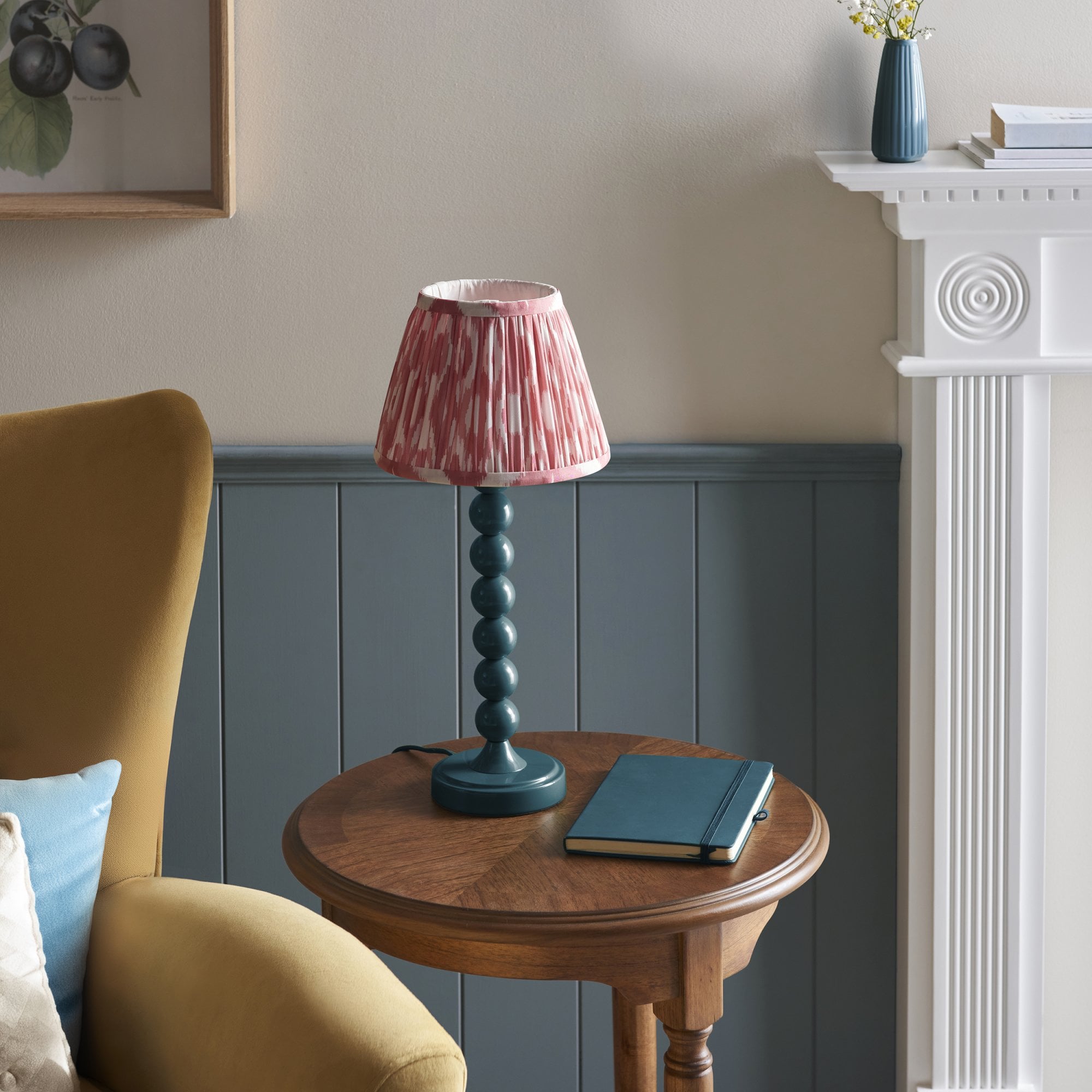 Endon Higgledy Gloss Marlin Blue Table Lamp & Ikat 20cm Coral Pink Shade