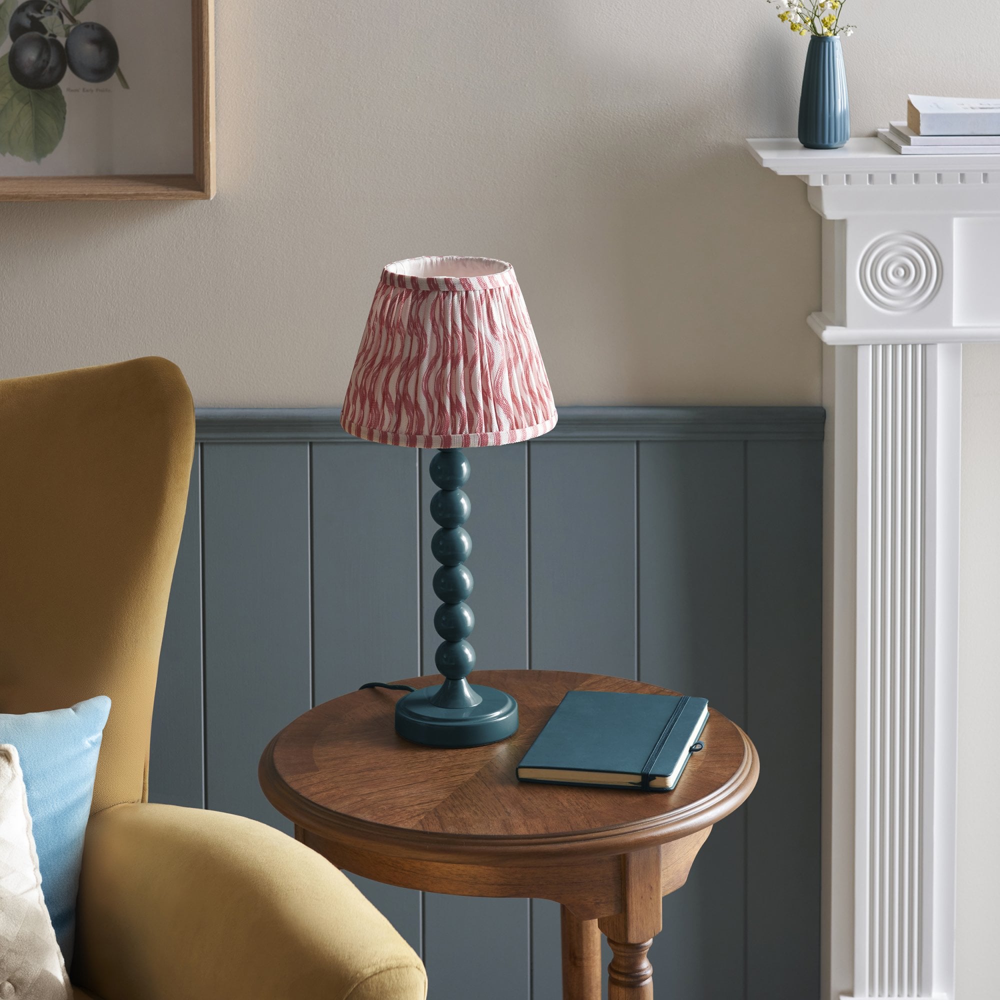 Endon Higgledy Gloss Marlin Blue Table Lamp & Ripple 20cm Coral Pink Shade