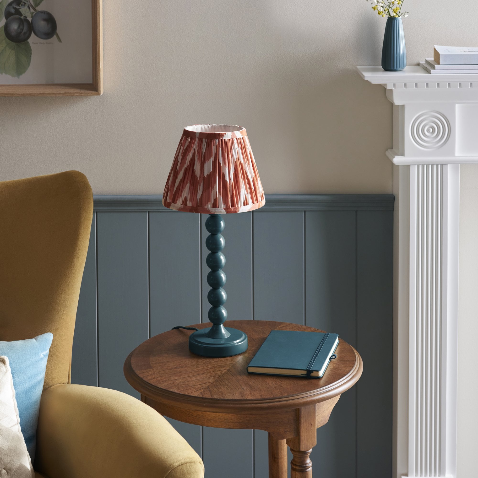 Endon Higgledy Gloss Marlin Blue Table Lamp & Zigzag 20cm Apricot Orange Shade