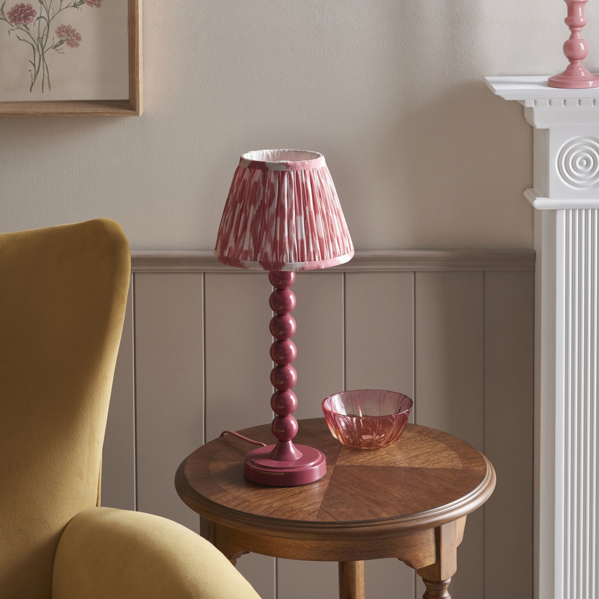 Endon Higgledy Gloss Pink Clay Table Lamp & Ikat 20cm Coral Pink Shade