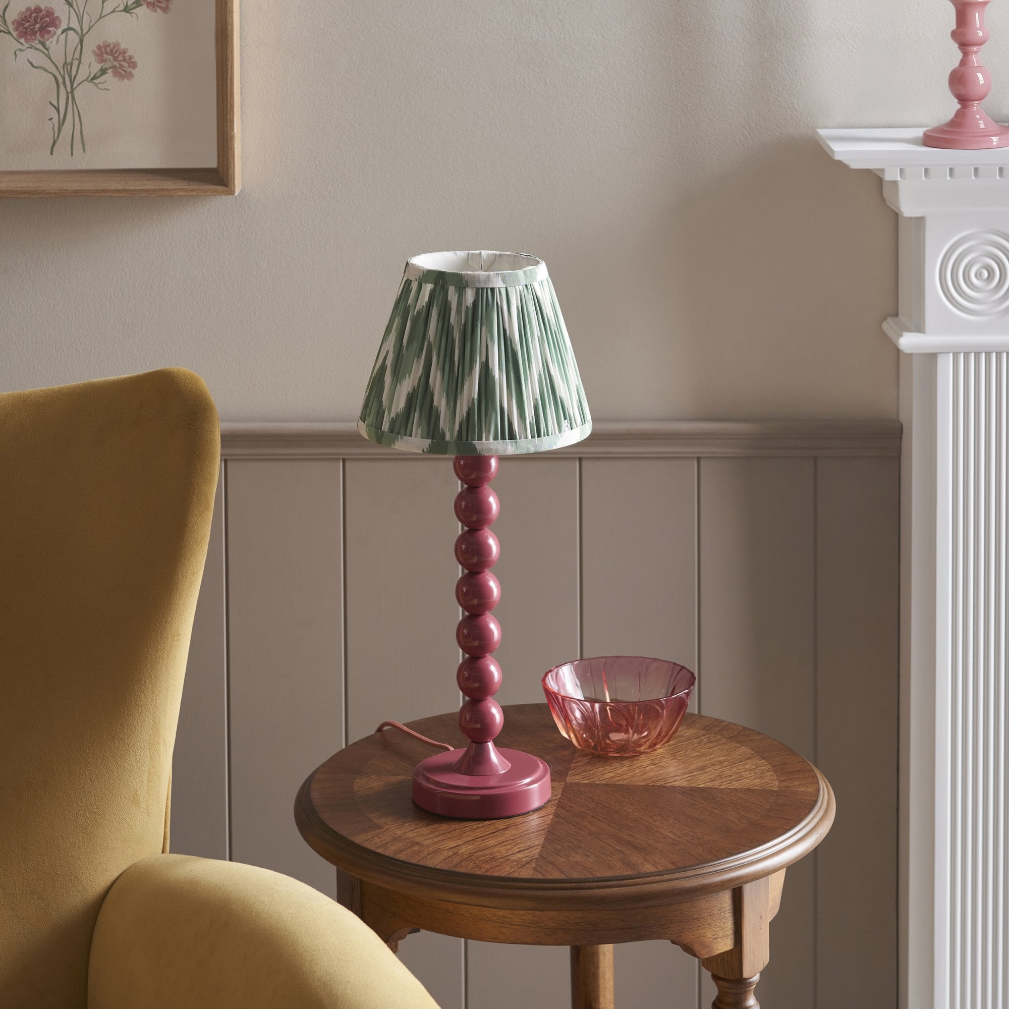 Endon Higgledy Gloss Pink Clay Table Lamp & Zigzag 20cm Cotswold Green Shade