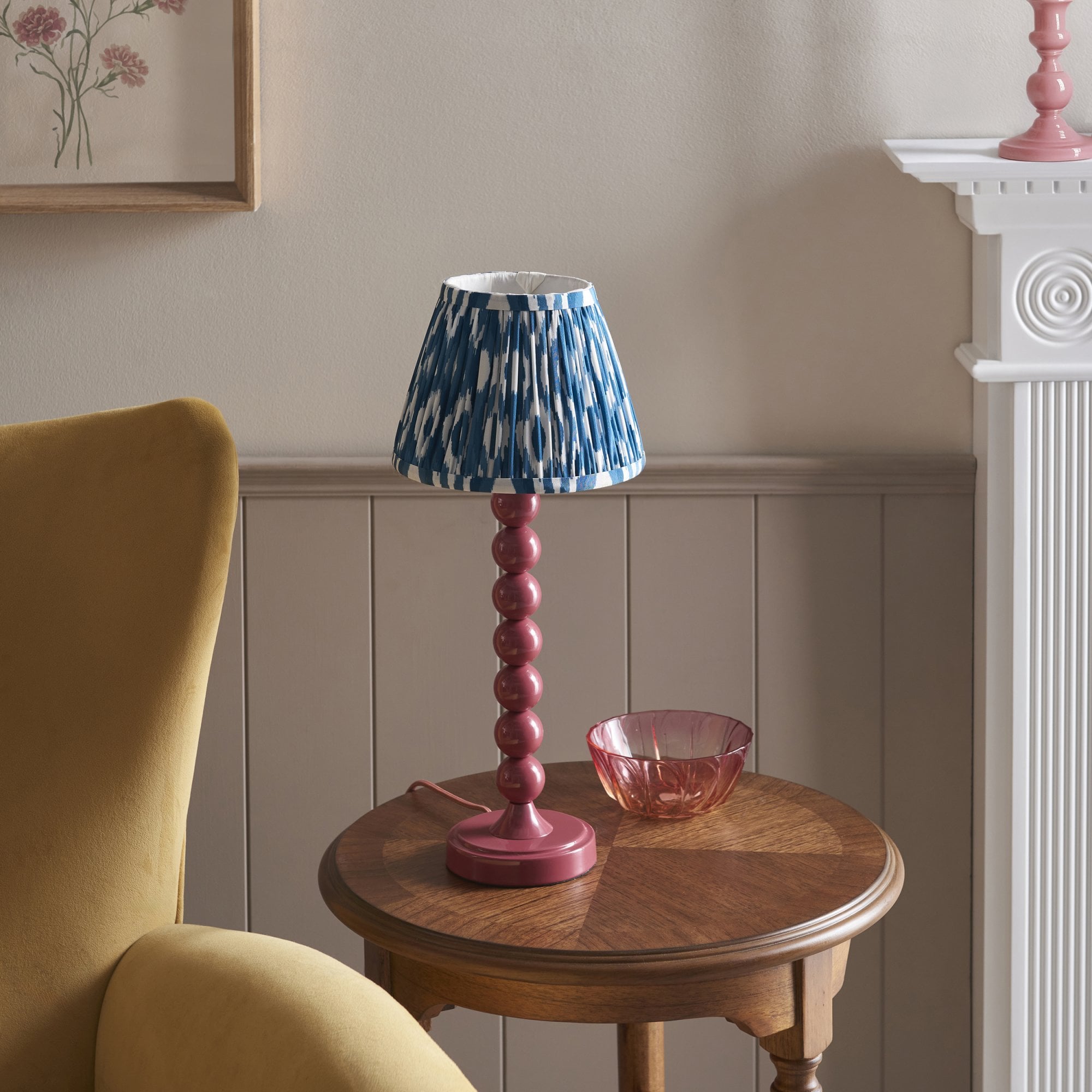 Endon Higgledy Gloss Pink Clay Table Lamp & Ikat 20cm Marlin Blue Shade