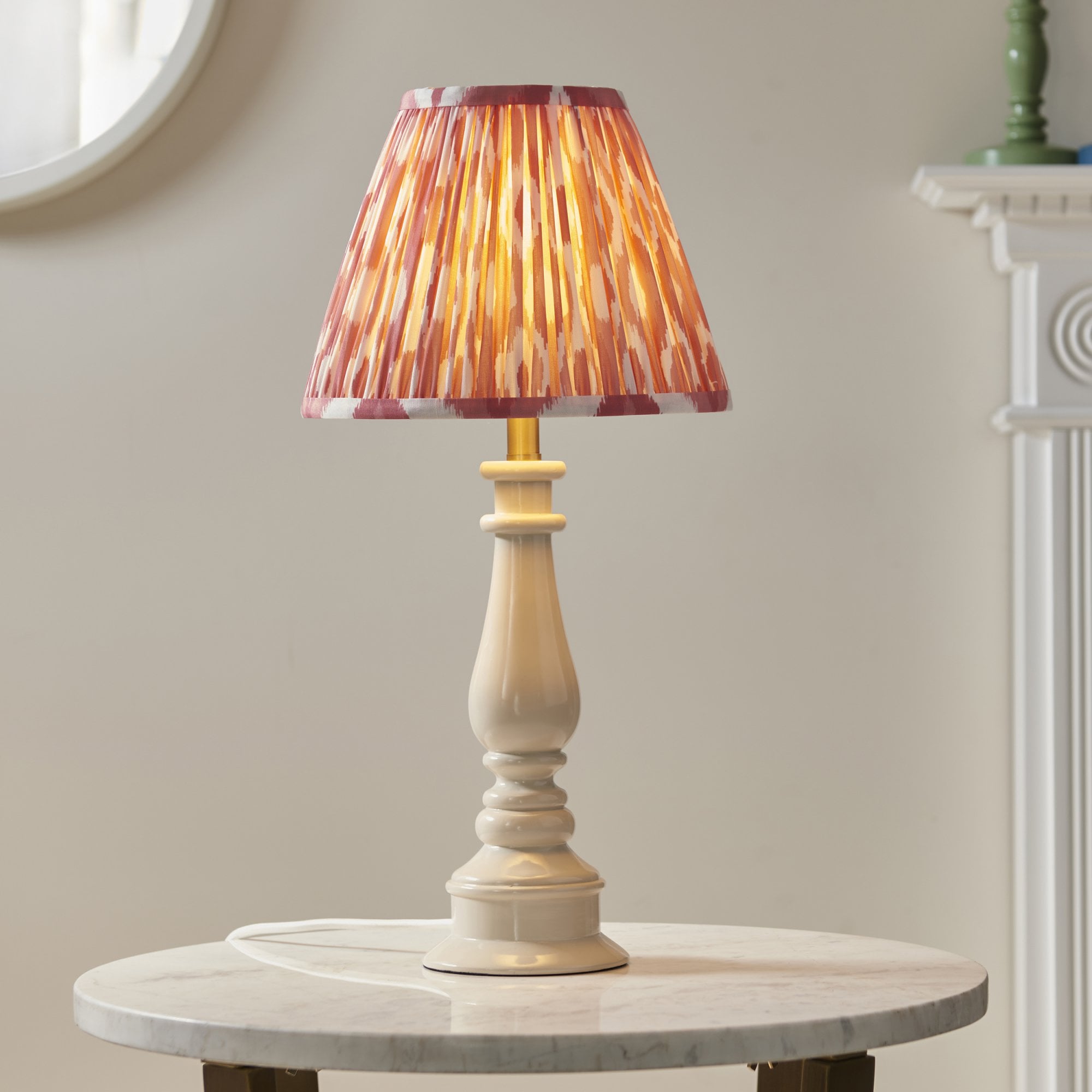 Endon Myrtle Gloss Almond White Table Lamp & Ikat 25cm Coral Pink Shade