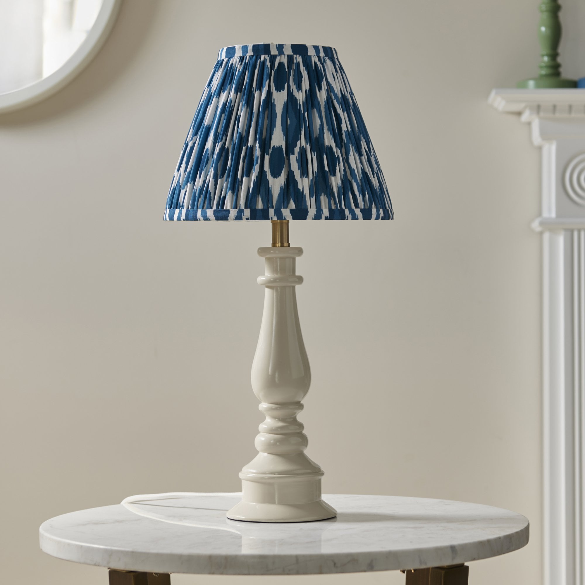 Endon Myrtle Gloss Almond White Table Lamp & Ikat 25cm Marlin Blue Shade