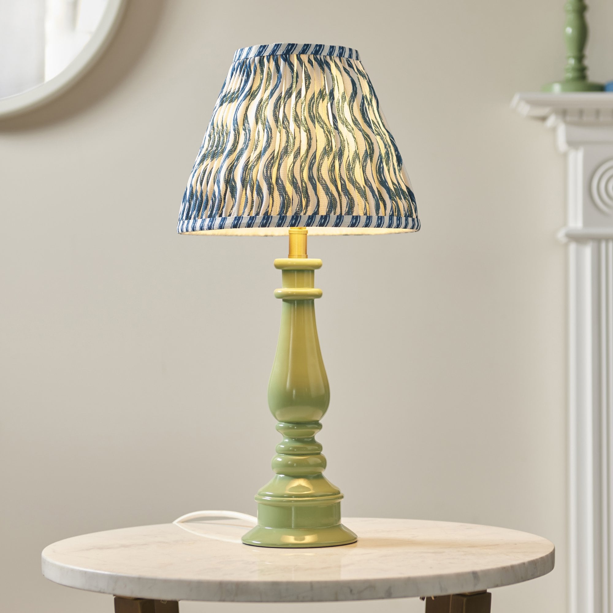 Endon Myrtle Gloss Cotswold Green Table Lamp & Ripple 25cm Marlin Blue Shade