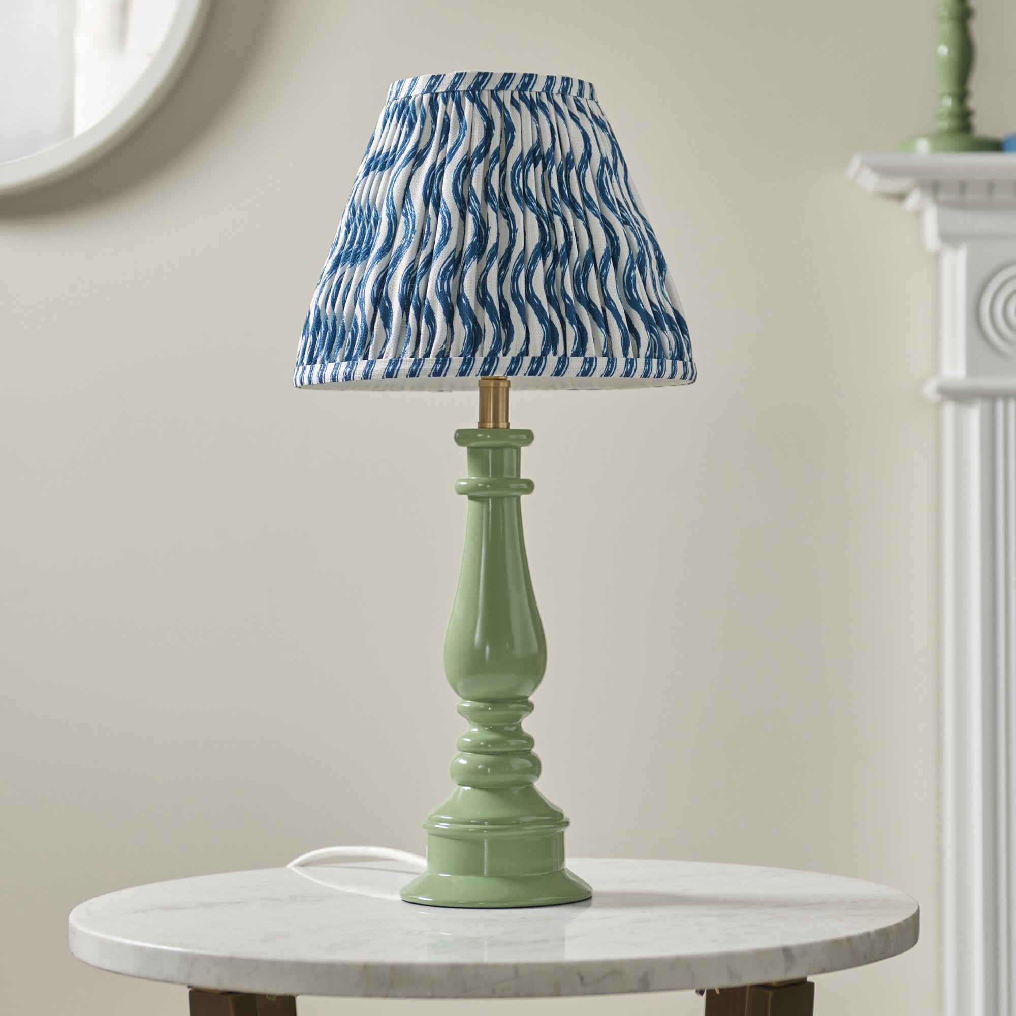 Endon Myrtle Gloss Cotswold Green Table Lamp & Ripple 25cm Marlin Blue Shade