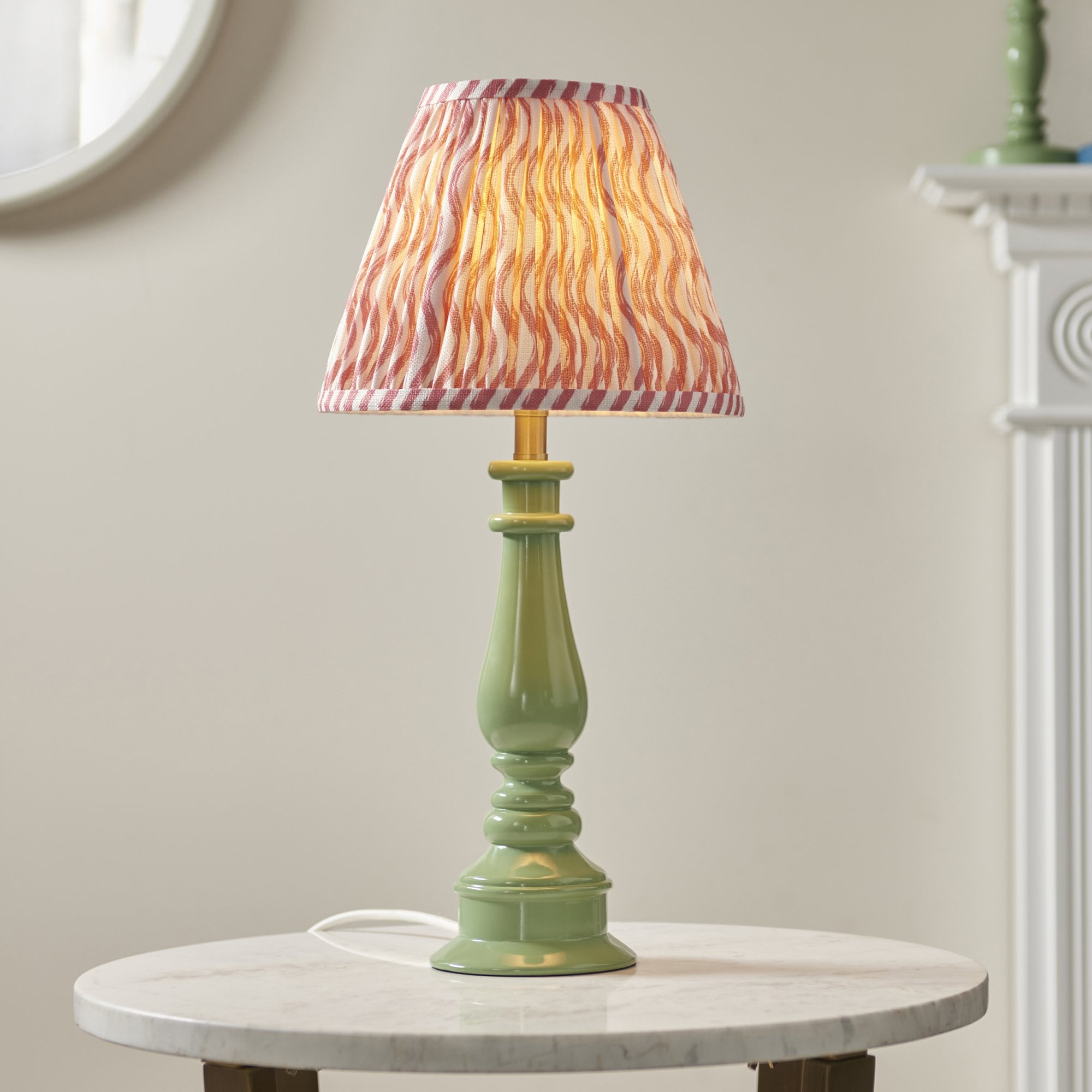 Endon Myrtle Gloss Cotswold Green Table Lamp & Ripple 25cm Coral Pink Shade