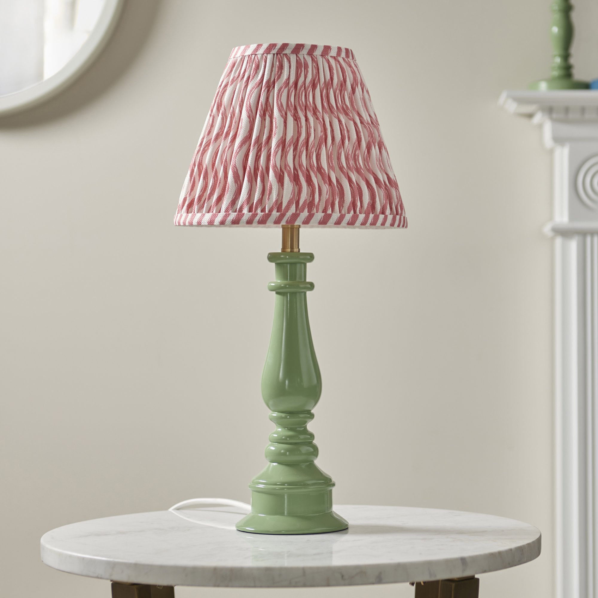 Endon Myrtle Gloss Cotswold Green Table Lamp & Ripple 25cm Coral Pink Shade