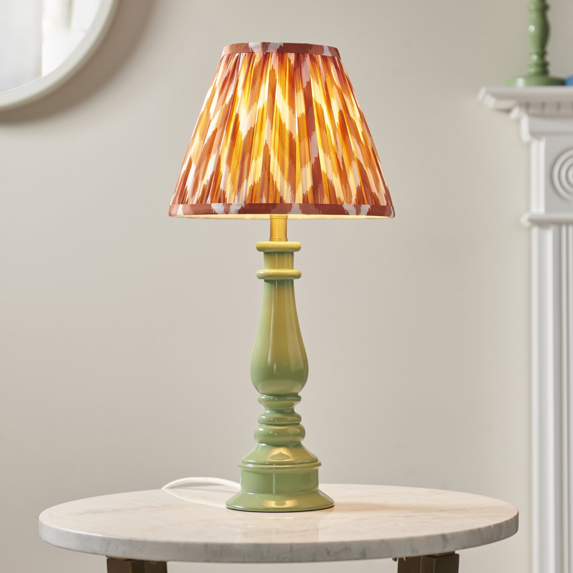Endon Myrtle Gloss Cotswold Green Table Lamp & Zigzag 25cm Apricot Orange Shade