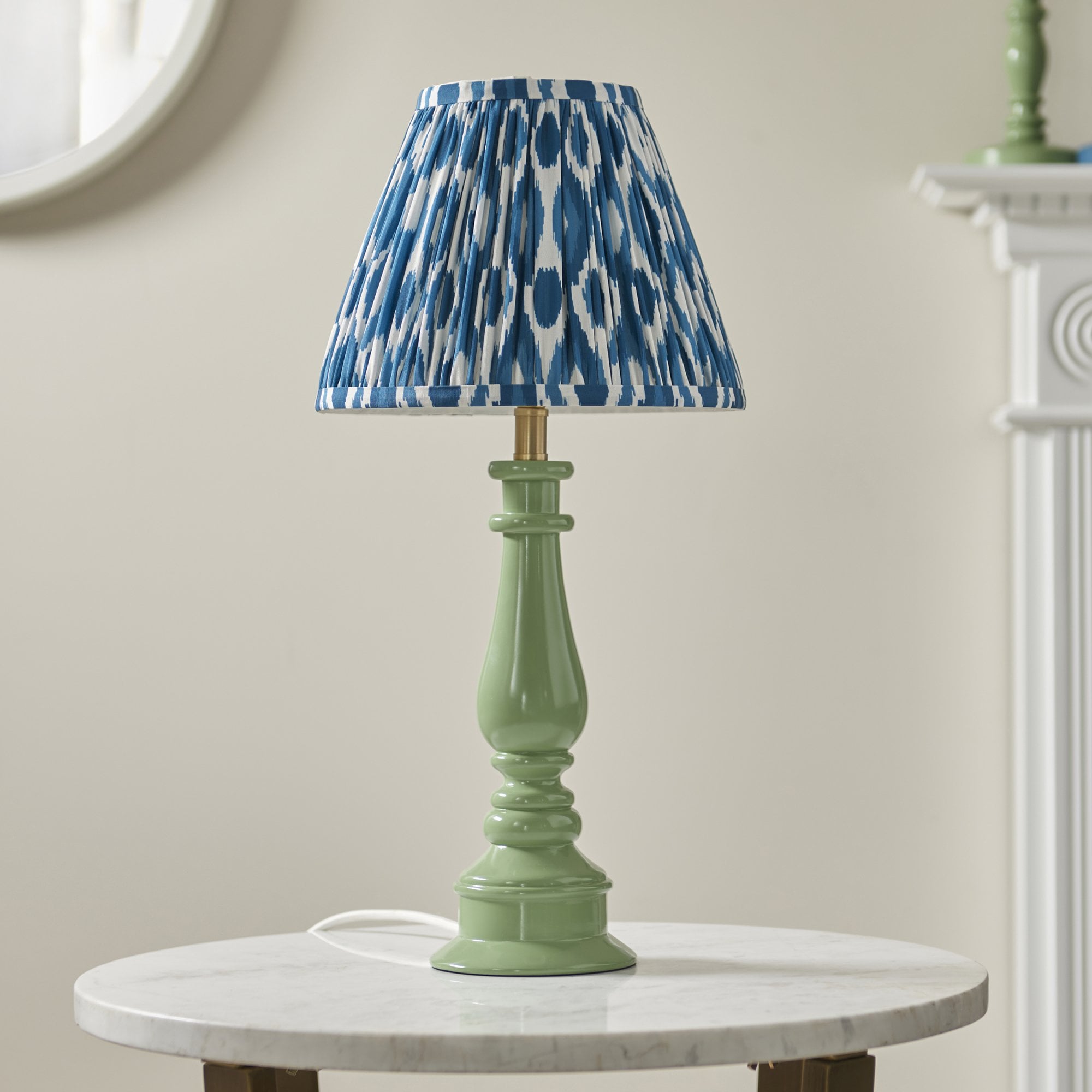 Endon Myrtle Gloss Cotswold Green Table Lamp & Ikat 25cm Marlin Blue Shade